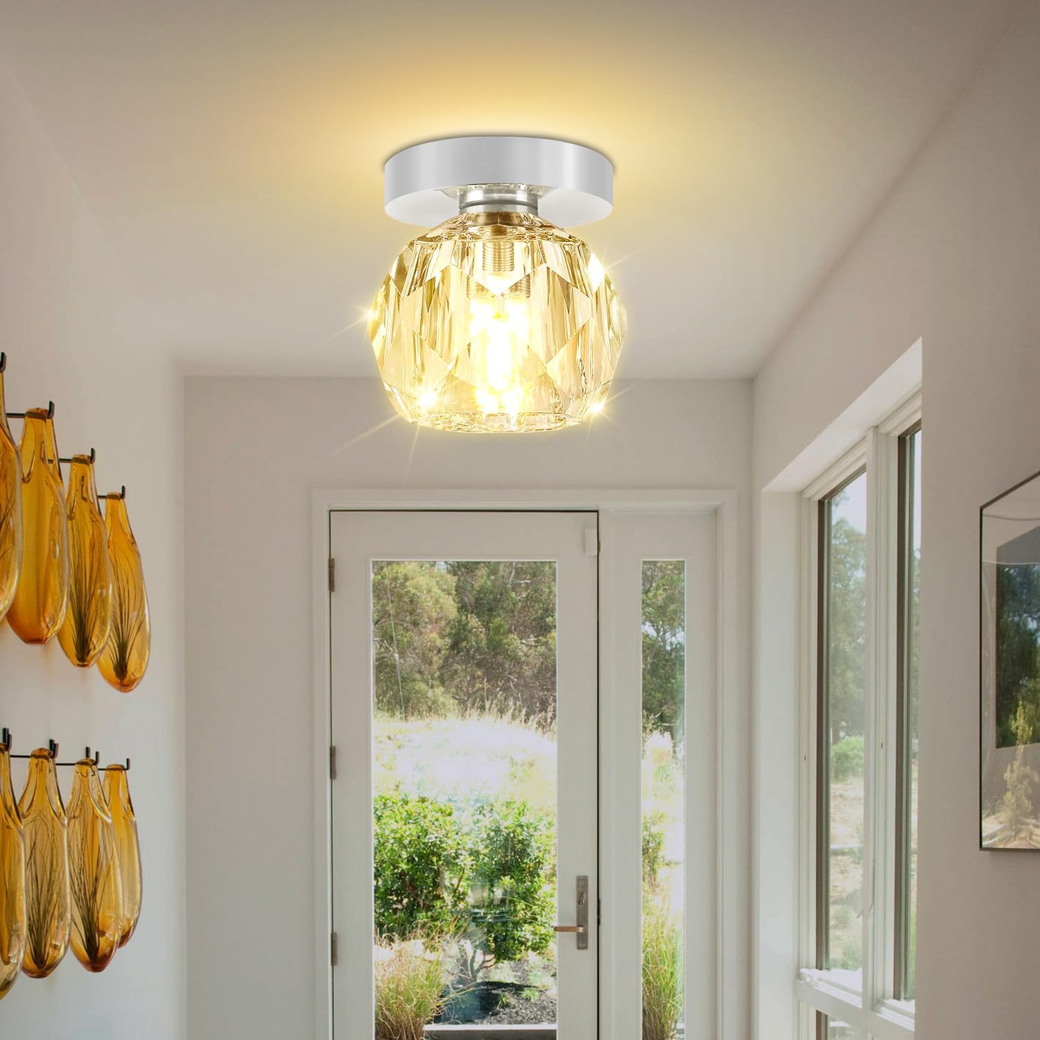 3.9in Mini Crystal Ceiling Light Modern Round Chrome Flush Mount Ceiling Light, LED Small Chandelier for Hallway Bedroom Foyer Kitchen Bathroom 2700K Warm White