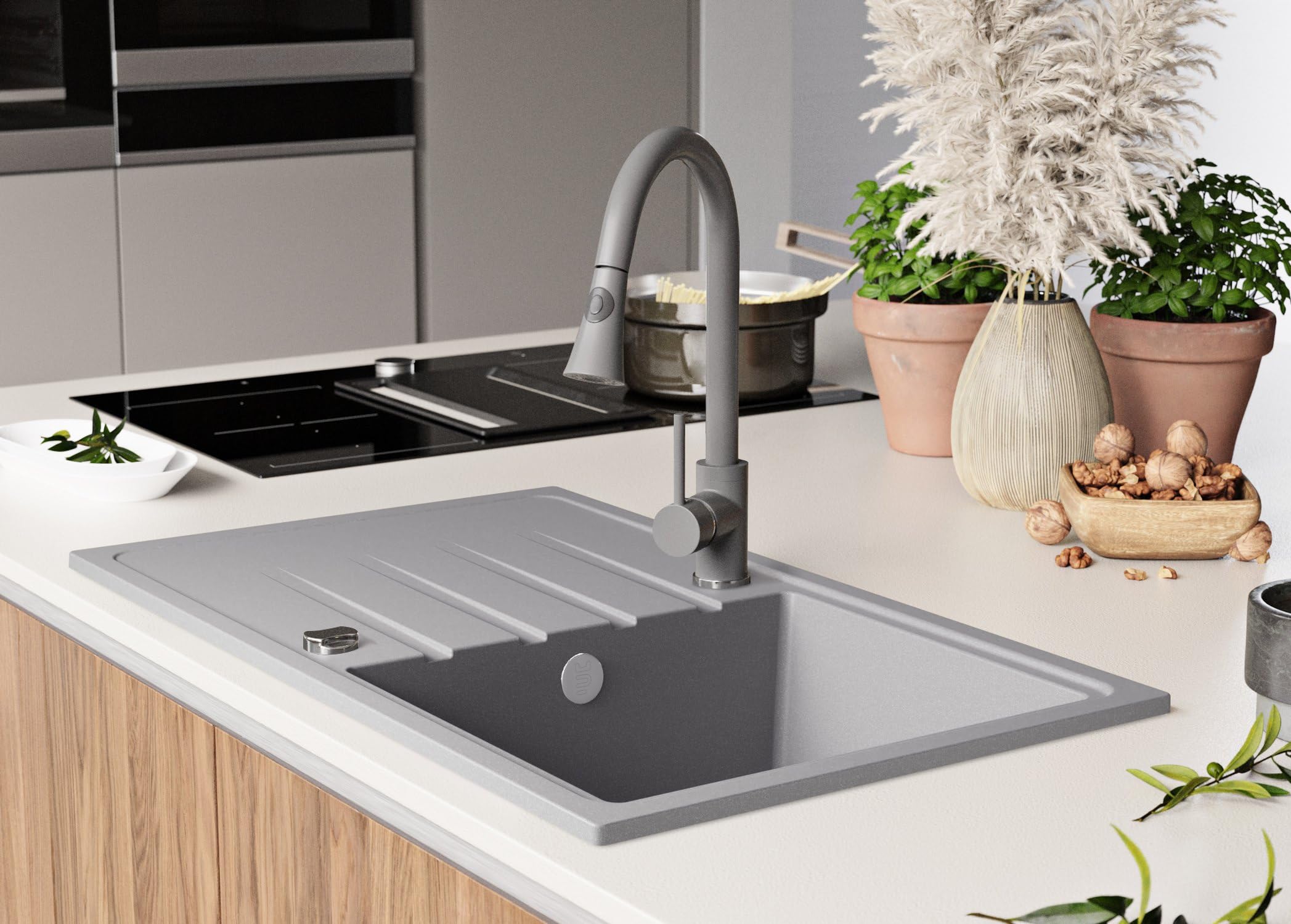 PRIMAGRAN Lavello da Cucina Grigio - Milano, 78x50cm | Lavandino in Granito a 1 Vasca + Sifone Classico, Lavabo da Cucina Incasso al Mobile 45cm (S067)
