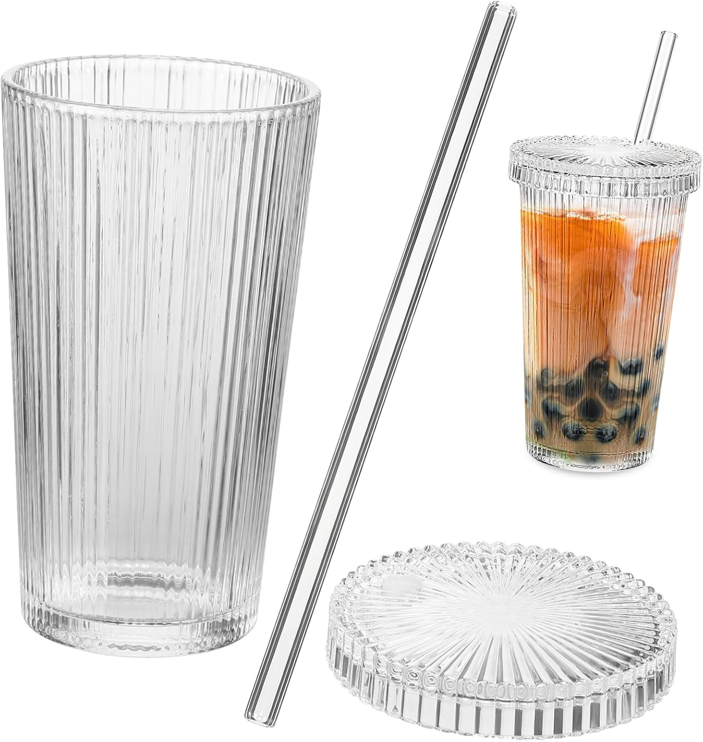 Unomor Stylish Vertical Stripe Glass Sippy Cup Straw Leakproof Lid for Iced Coffee Reusable Straw Cup for Tumbler