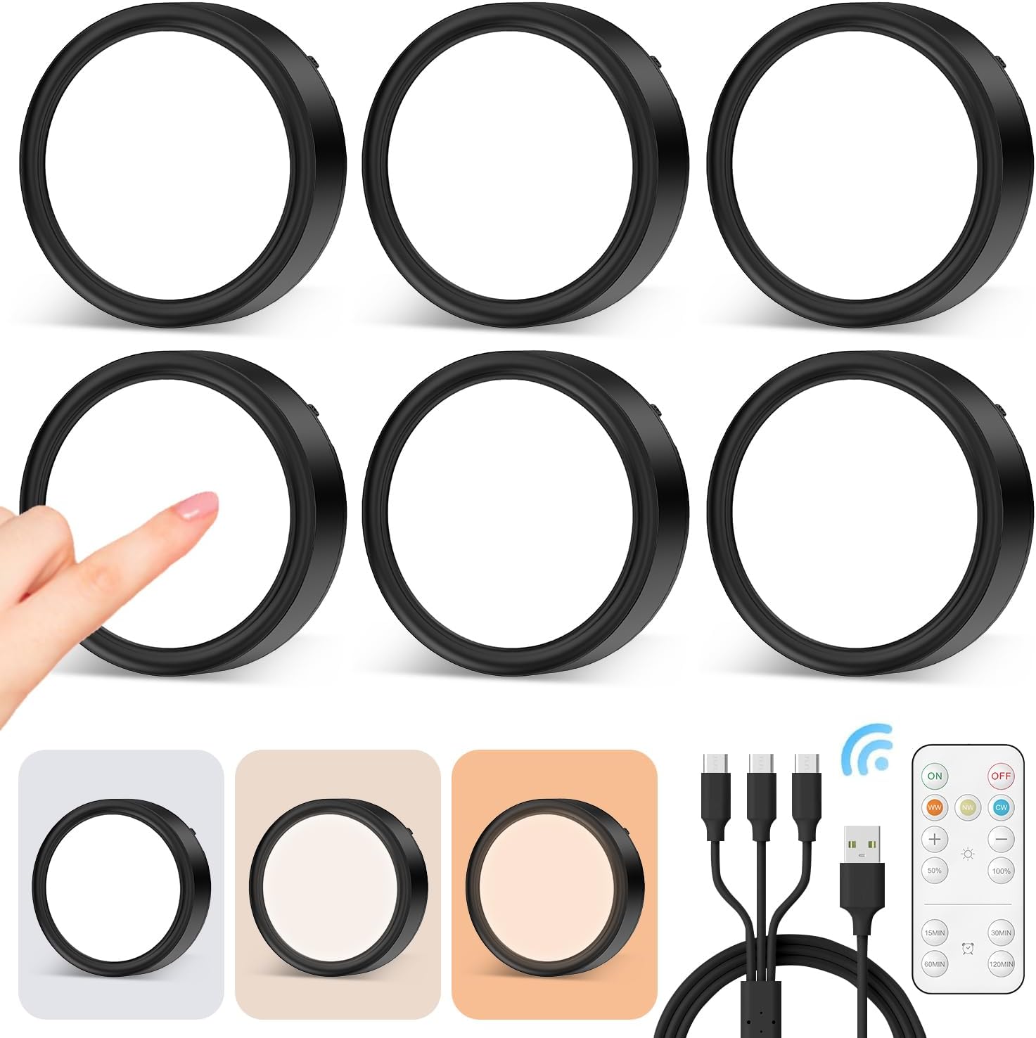 LED Puck Lights Rechargeable with Remote, Black Stick On Lights for Closet Battery Operated Push