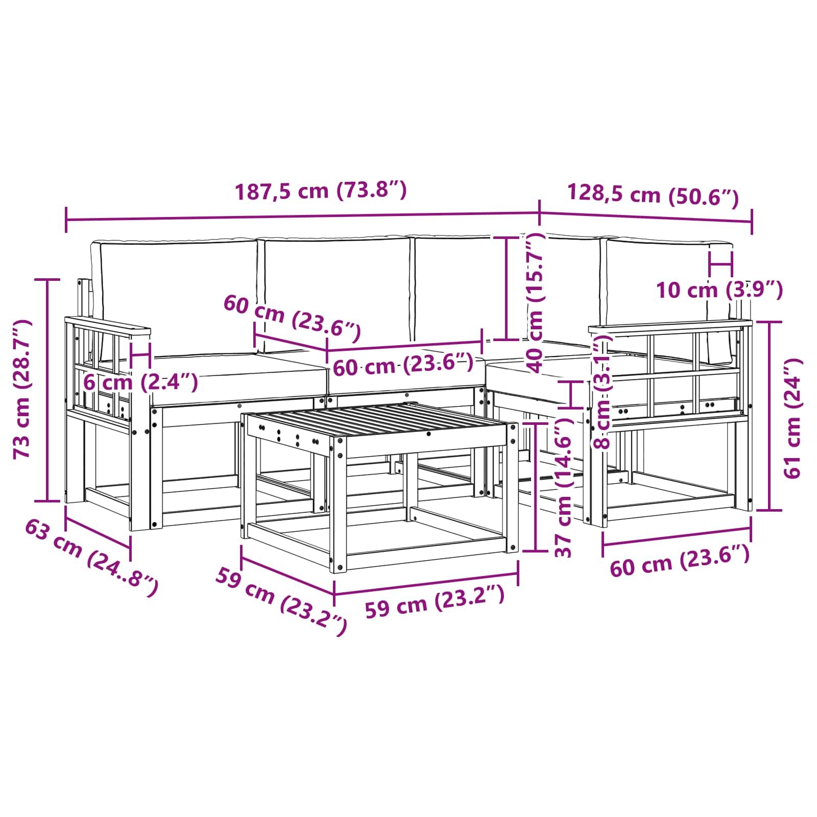Gartenmöbelgarnitur Set 5-teilig wetterfestes Akazienholz modernes Design für Terrasse Balkon und Garten, modulare Sitzgruppe mit Tisch, Sofas, Sesseln, Aufbewahrung, langlebig, platzsparend