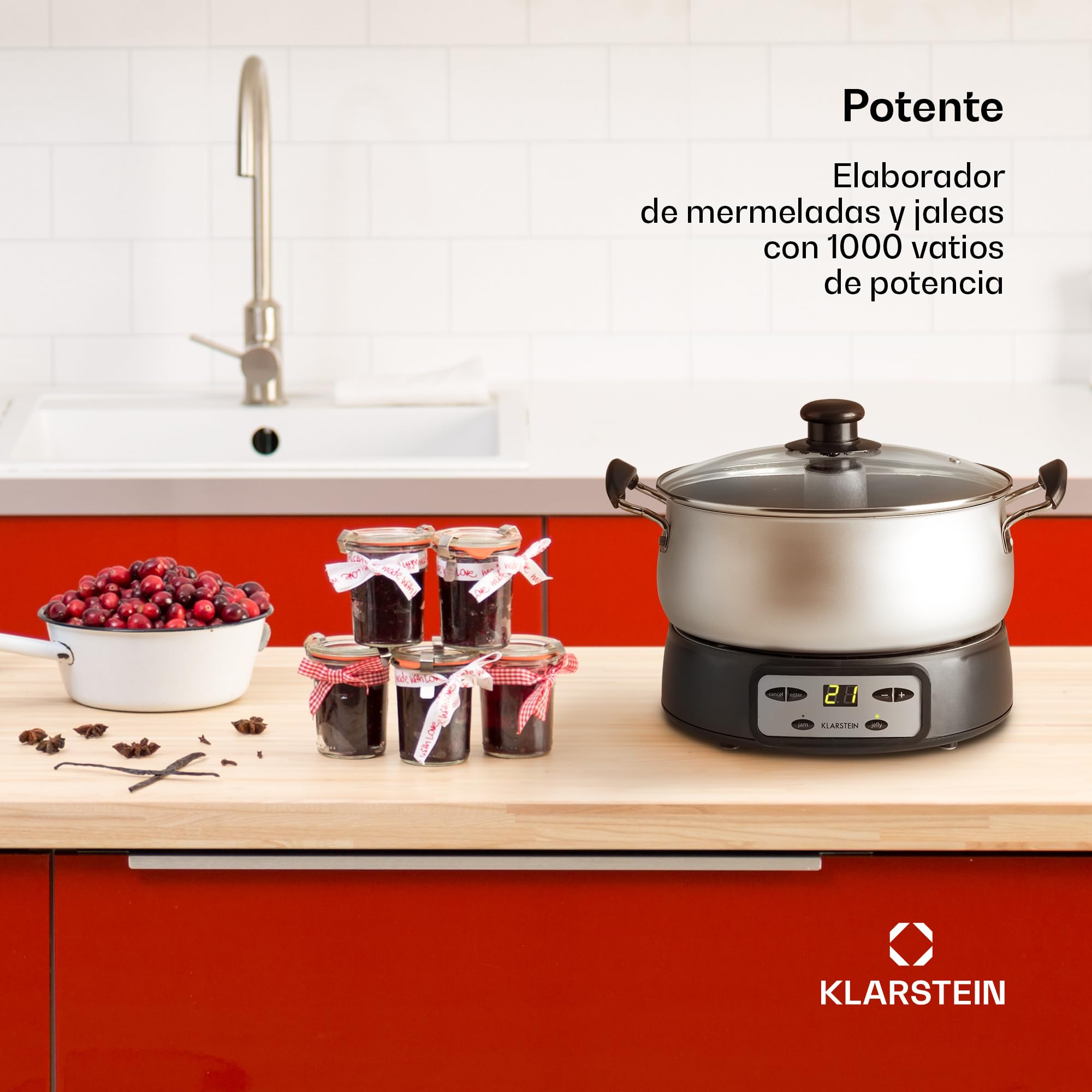 Klarstein Jam Session Olla para mermelada y gelatina, 1000W, 2 programas autimáticos, tiempo de cocción programable, mezcladora automática, interior recubierto, apto para lavavajillas, de 3 Litros