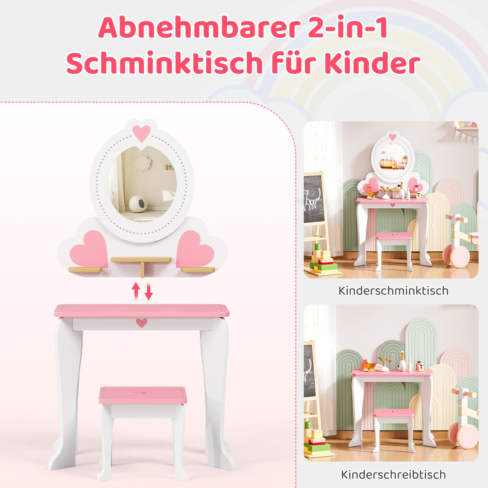 MAMIZO Schminktisch Kinder mit Abnehmbarem Spiegel, Kinderschminktisch Holz mit Hocker, 2 in 1 Prinzessin Frisiertisch, Kinderschreibtisch, Schminktisch Mädchen ab 3 Jahre, 50x33x91cm, Weiß