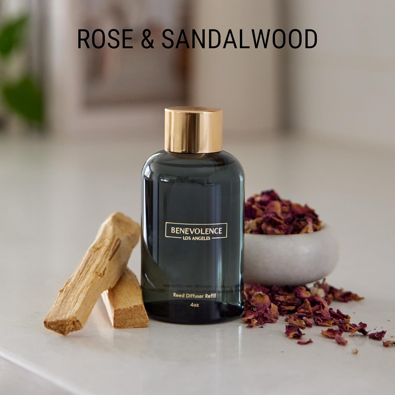 Benevolence LA Rose & Sandalwood Reed Diffuser and Oil Refill Set | Aromatherapy Reed Diffuser Set with Refill Oil | Scented Oil Diffuser for Bathroom and Bedroom