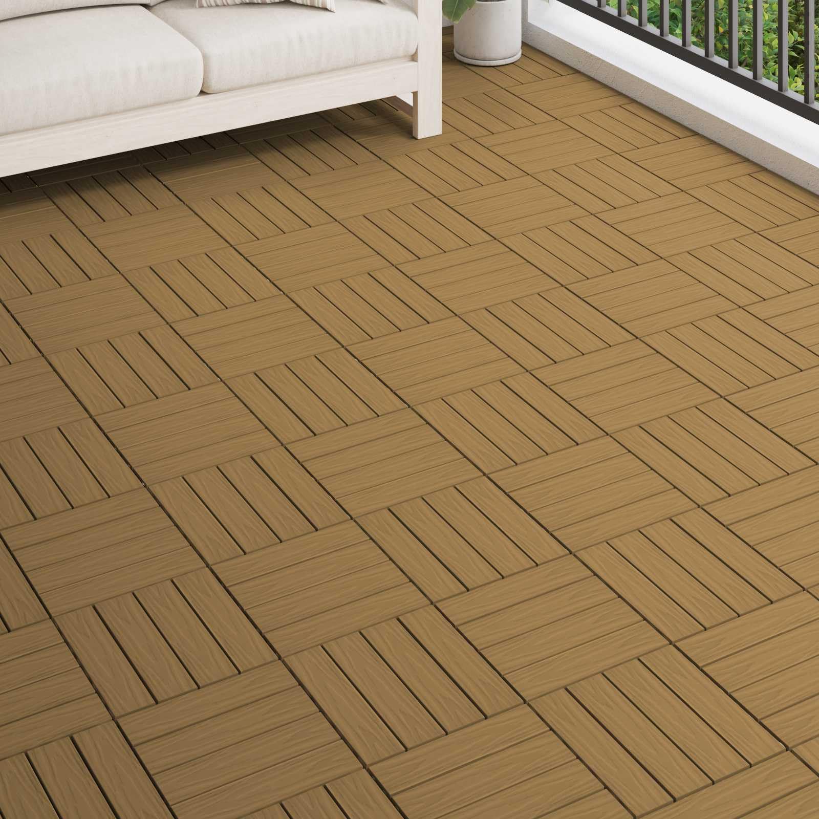 WPC Terrassenfliesen 3D-Design 11 Stück 30 x 30 cm, Klickfliesen für Bodenbelag Balkon und Terrasse Teak-Optik