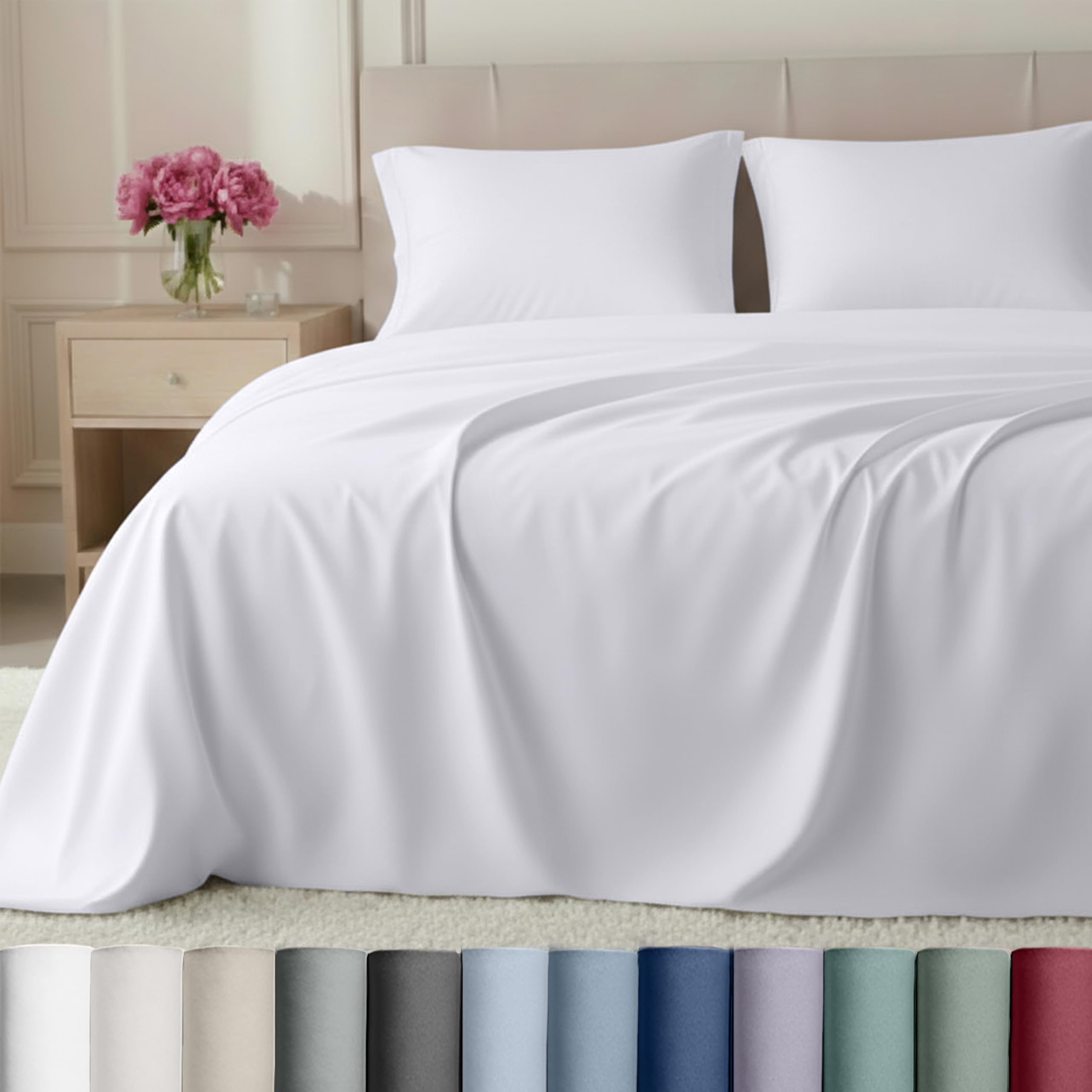 Luxury Sheets Full Size Bed Set - Buttery Soft 800 Thread Count Sateen, 100% Cotton Sheet Sets, Deep Pockets, Durable Bedding Set - White