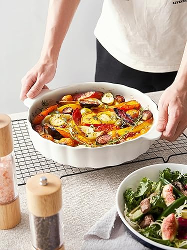 Miniatura 7 de Samsle Molde de cerámica para hornear, plato redondo para hornear de 13 pulgadas con doble mango, plato para pastel con borde con volantes, apto