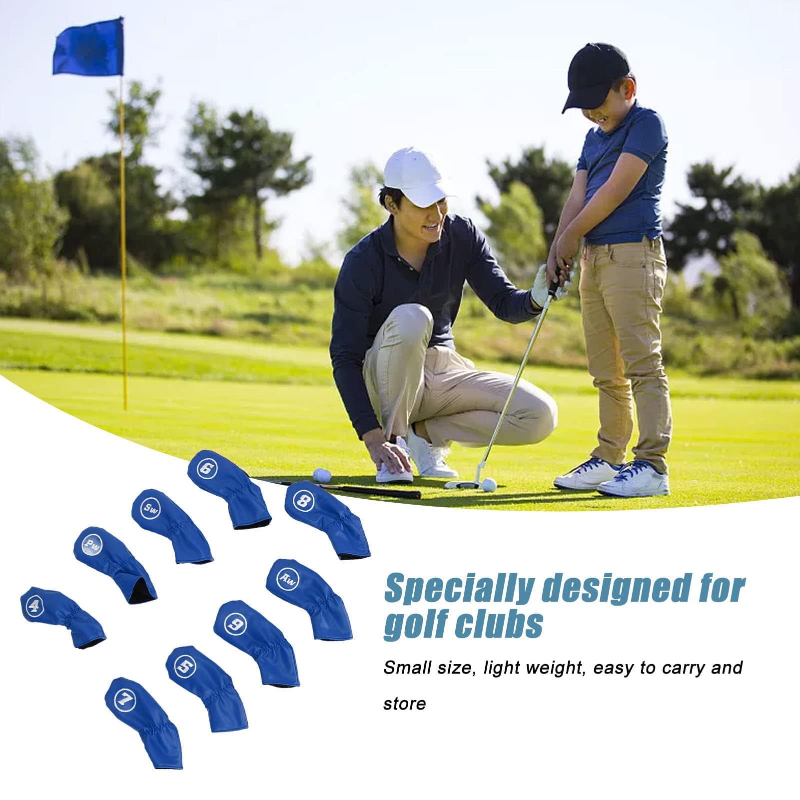 9Pcs Copricapo da Golf Club Iron Putter Head Protector Set PU Copricapo Impermeabile Per Mazza da Golf Per Gli Amanti del Golfista Mancino Destro(Blu)