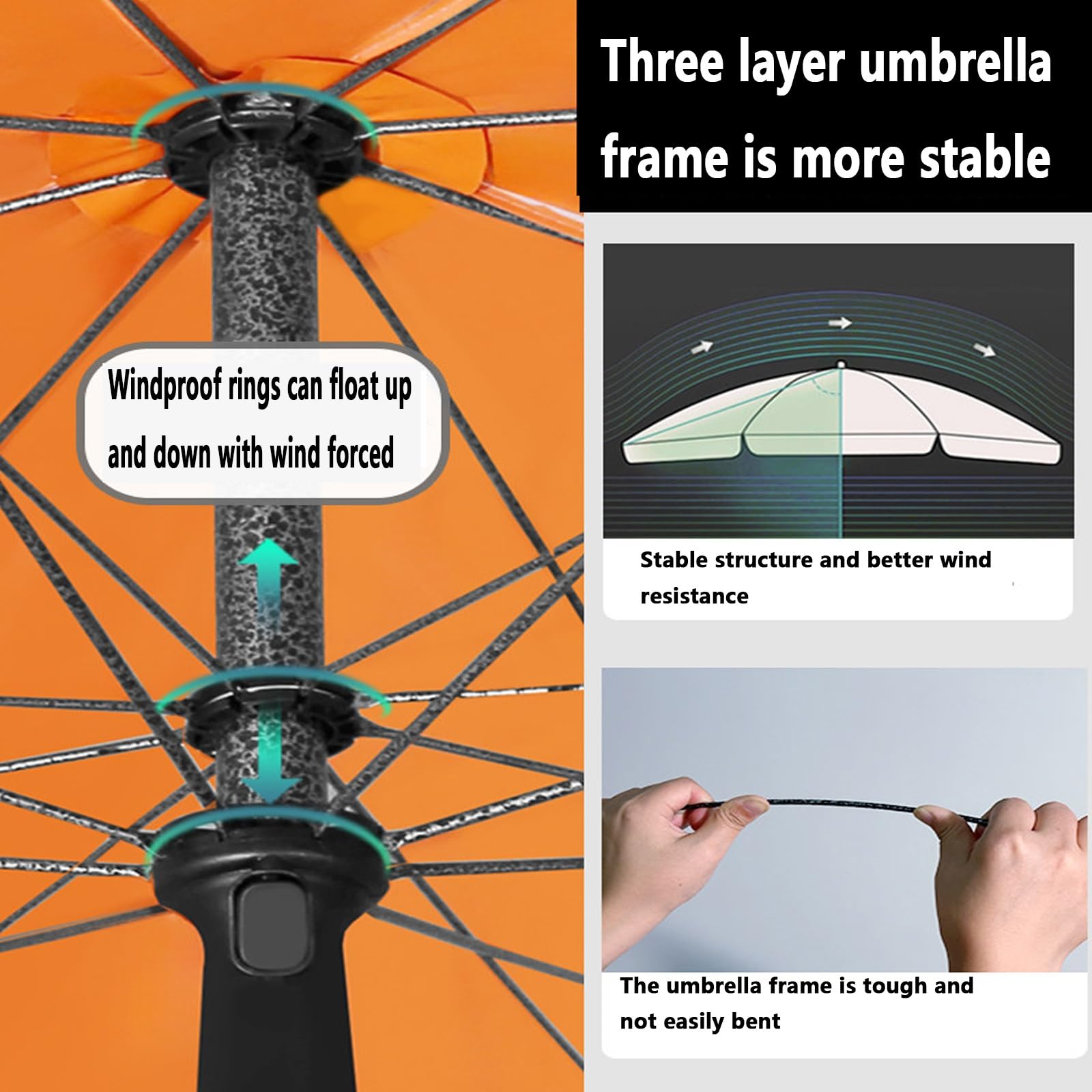 Parasol przeciwsłoneczny do użytku na zewnątrz, parasol wędkarski, prosty zatrzask, swobodne przesunięcie, 8 stabilnych żeber, 2,6 m, 2,8 m, 3 m, 3,2 m, torba do noszenia (2,6 m)