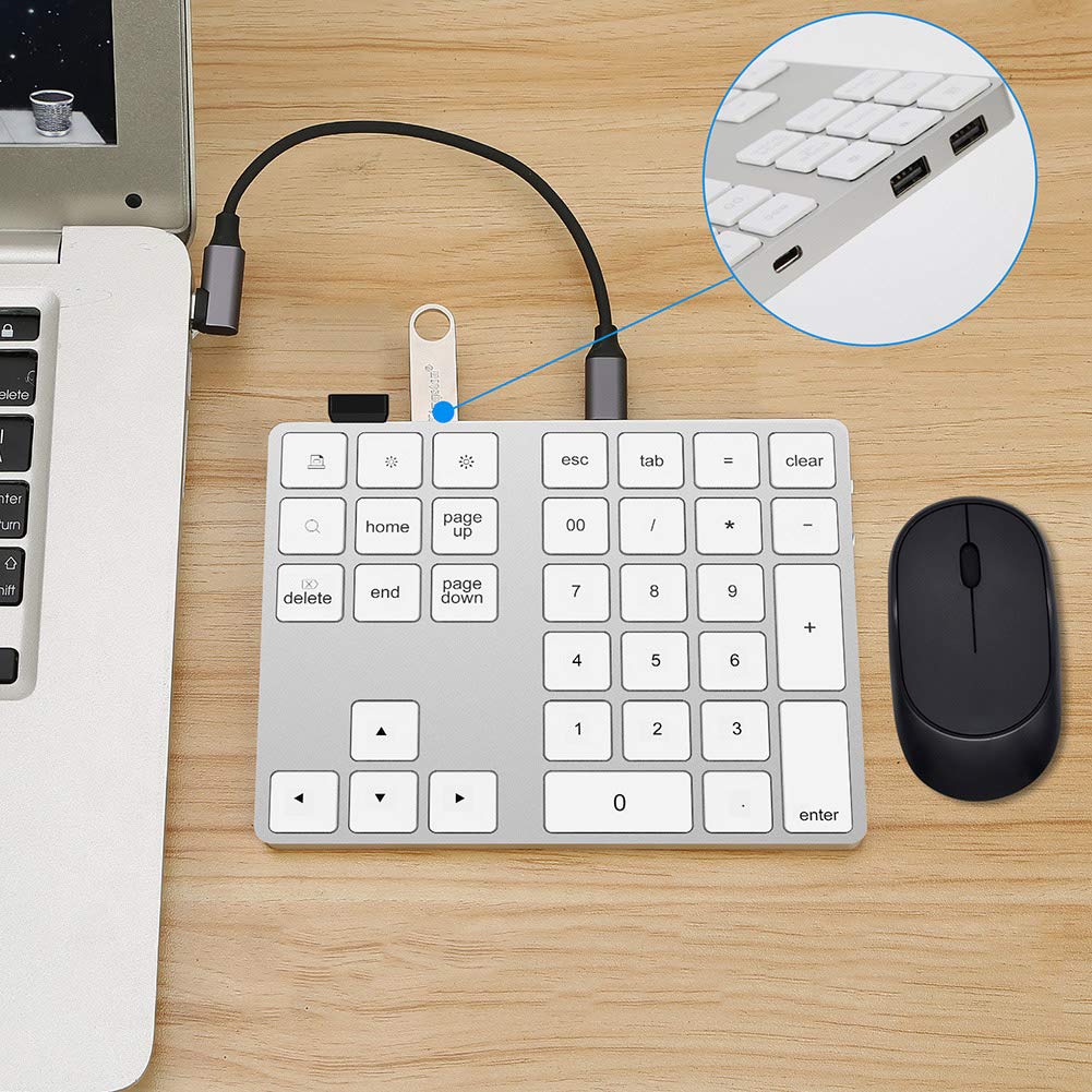 Bewinner Tastierino Numerico Bluetooth Esteso, USB Tastiera Ricaricabile di 34 Tasti, Wireless Portatile Tastierino Numerico Sottile Compatibile con OS/Android