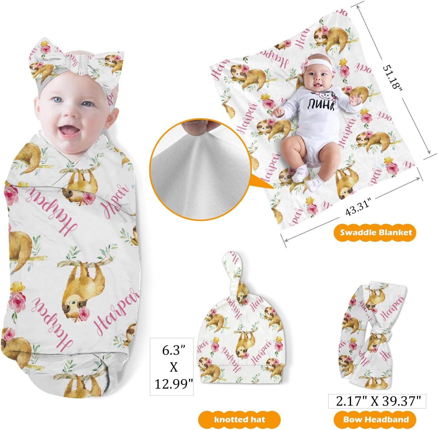 Custom Baby Nursing Swaddling Set: Personalized Custom Name Pink Swaddle Blanket Car Seat Cover Bow Headband Hat Nursing Pillow for Infant Girl Boy Watercolor Sloth Animal Pattern