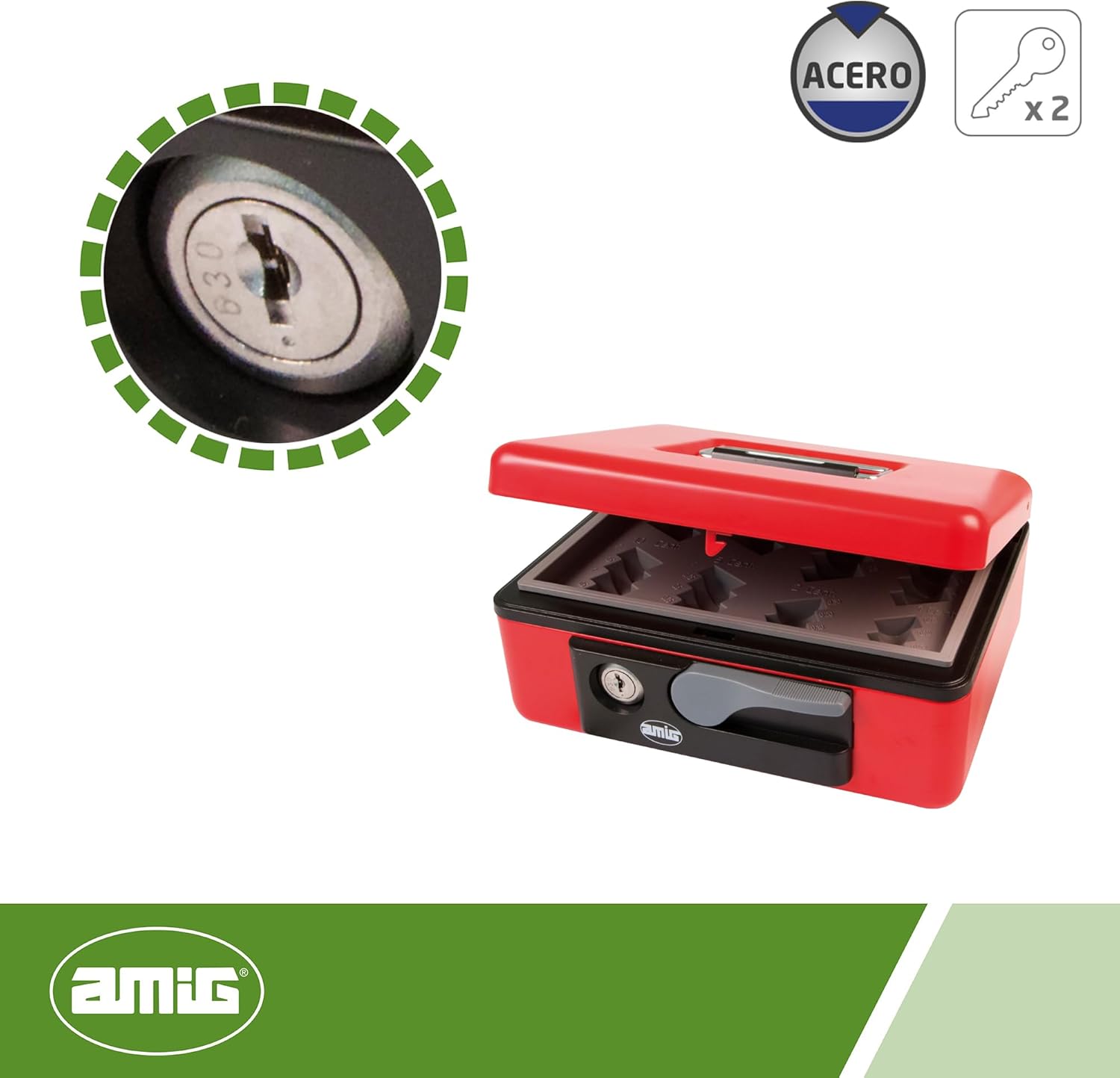 Amig - Steel Security Cash Box | with Coin Tray and Key | Automatic Handle | Compact and Versatile | Colour Red, 197 x 154 x 80 mm