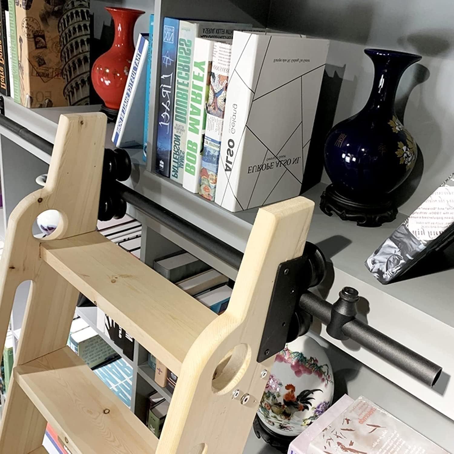 Rolling Library Sliding Ladder Hardware Kit - Sliding Barn Door Track Hardware Accessories, Mobile Ladder Rail Accessories, Carbon Steel Round Rails, (with Floor Rollers)