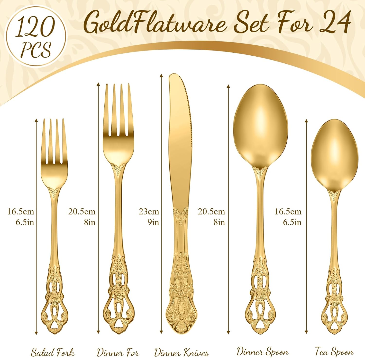 Dandat 120 Pcs Gold Stainless Steel Flatware Set, Retro Vintage Silverware with Forks Spoons Knives Mirror Polished Cutlery Set for Valentine's Day Wedding Kitchen Home Restaurant