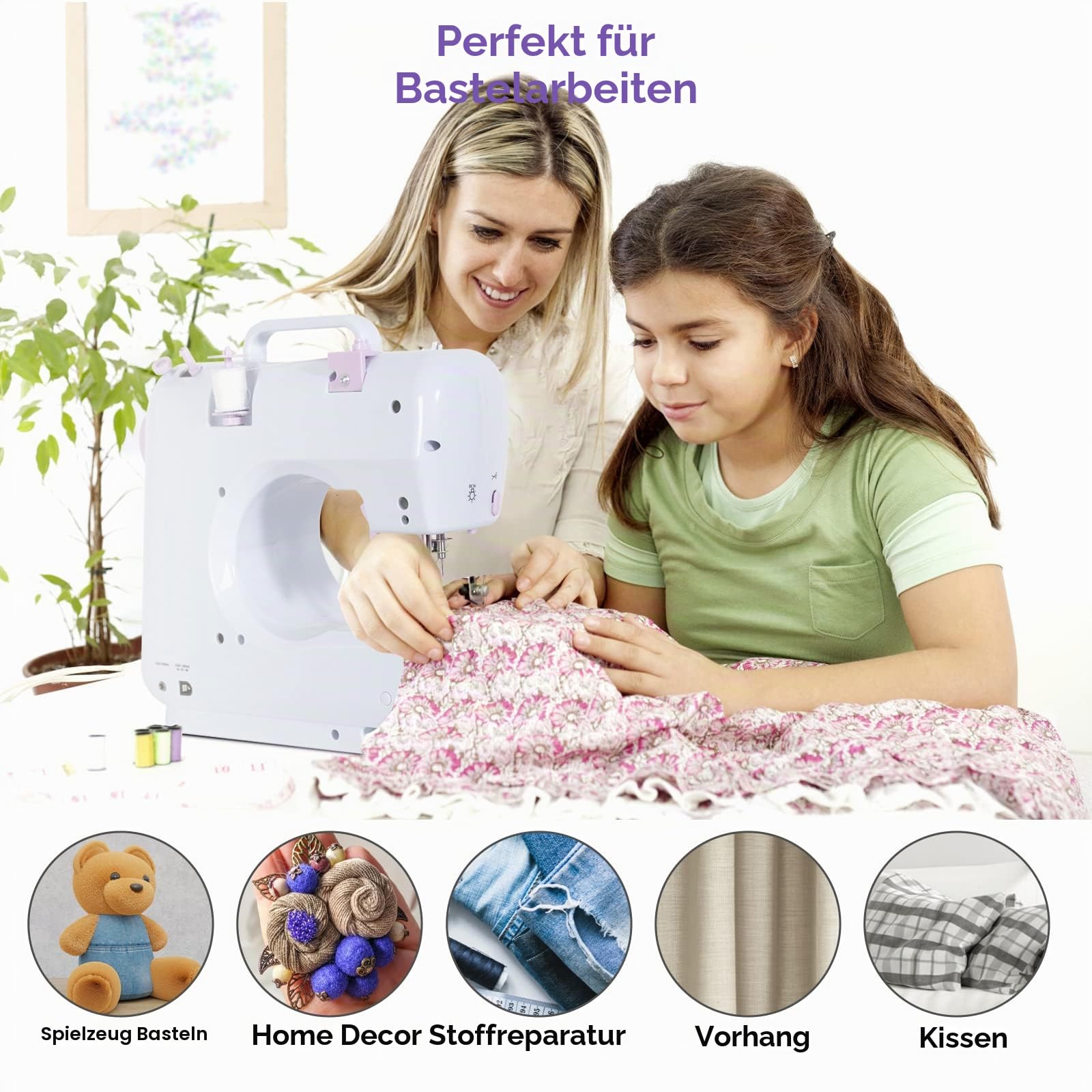 Todeco Nähmaschine für Anfänger und Kinder, 12 Stichmuster, Nähmaschine Klein mit Fußpedal Nählicht Elekt, mit Nähset (Lila)