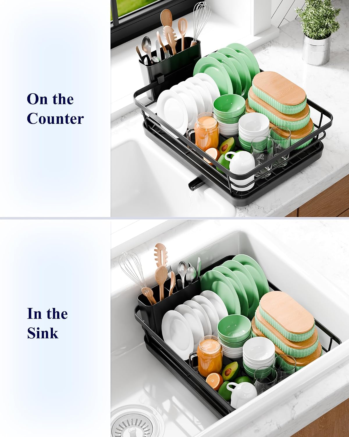 Kitsure Dish Drying Rack - Compact Dish Rack with Utensil Holder & Adjustable Water Outlet, Rust-Proof & Scratch-Resistant Drying Rack for Kitchen, 14.5" x 12.0" x 4.0", Black
