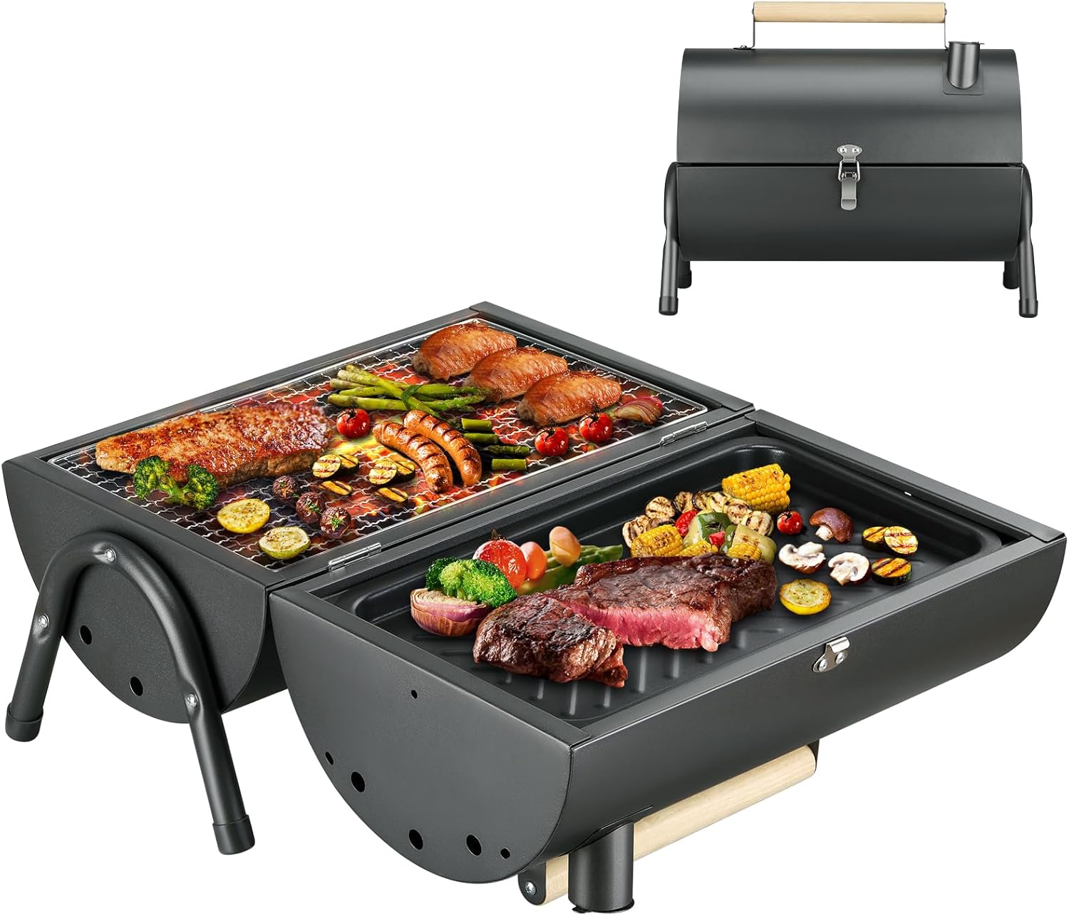 Portable Charcoal Grill, Small BBQ Grill with Smoker Double-Side Use Outdoor for Camping, Tabletop Compact Barbecue Grill (Black)
