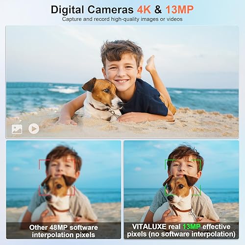 Miniatura 2 de Cámara digital 4K, cámara para niños, cámaras digitales reales de 13 MP para apuntar y disparar con tarjeta SD de 32 GB, zoom de 16X, cámara pequeña