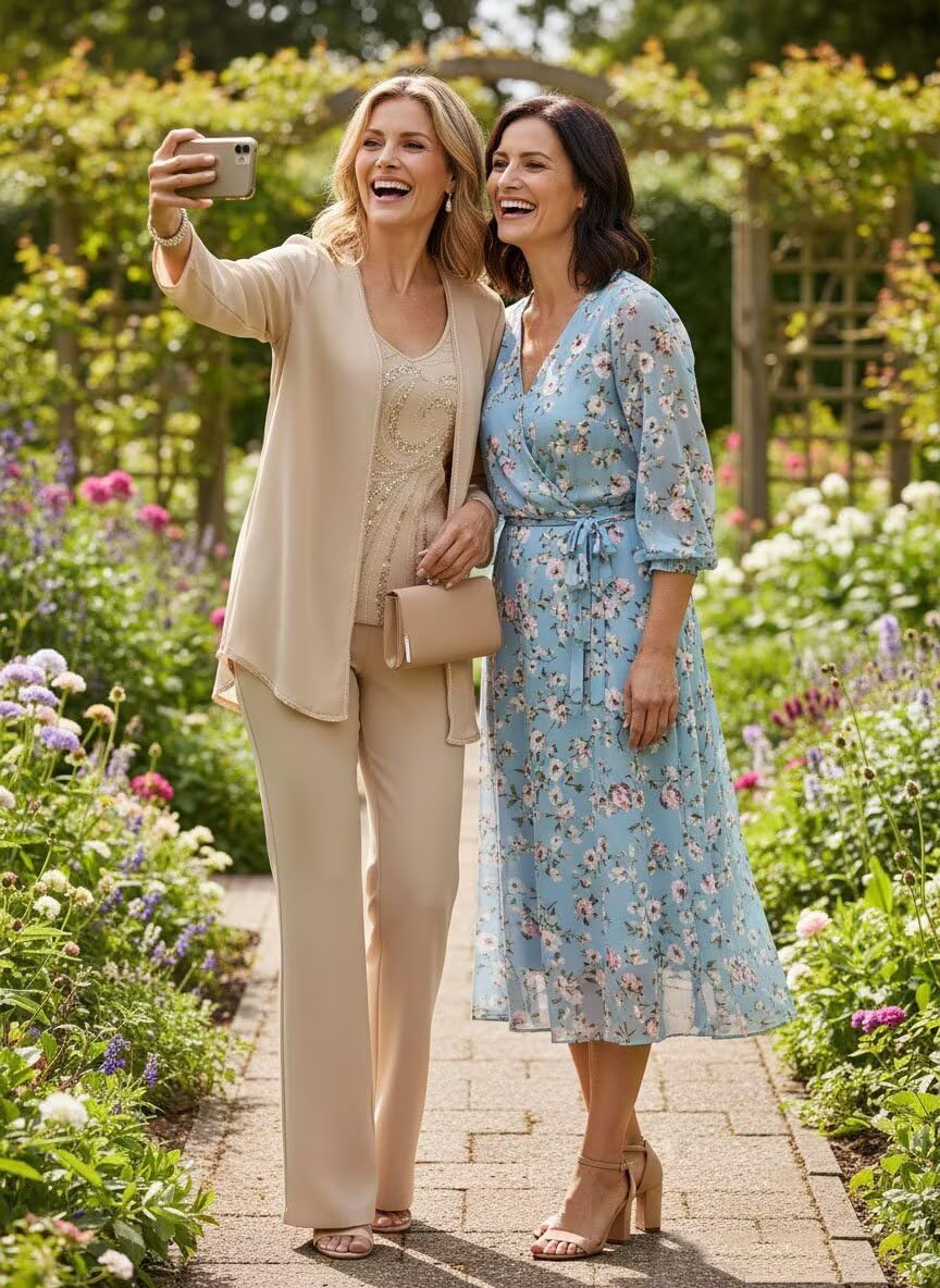 3 Piece Mother of The Bride Pant Suits Long Sleeve Chiffon Sequin Plus Size Wedding Guest Outfit for Women with Jacket