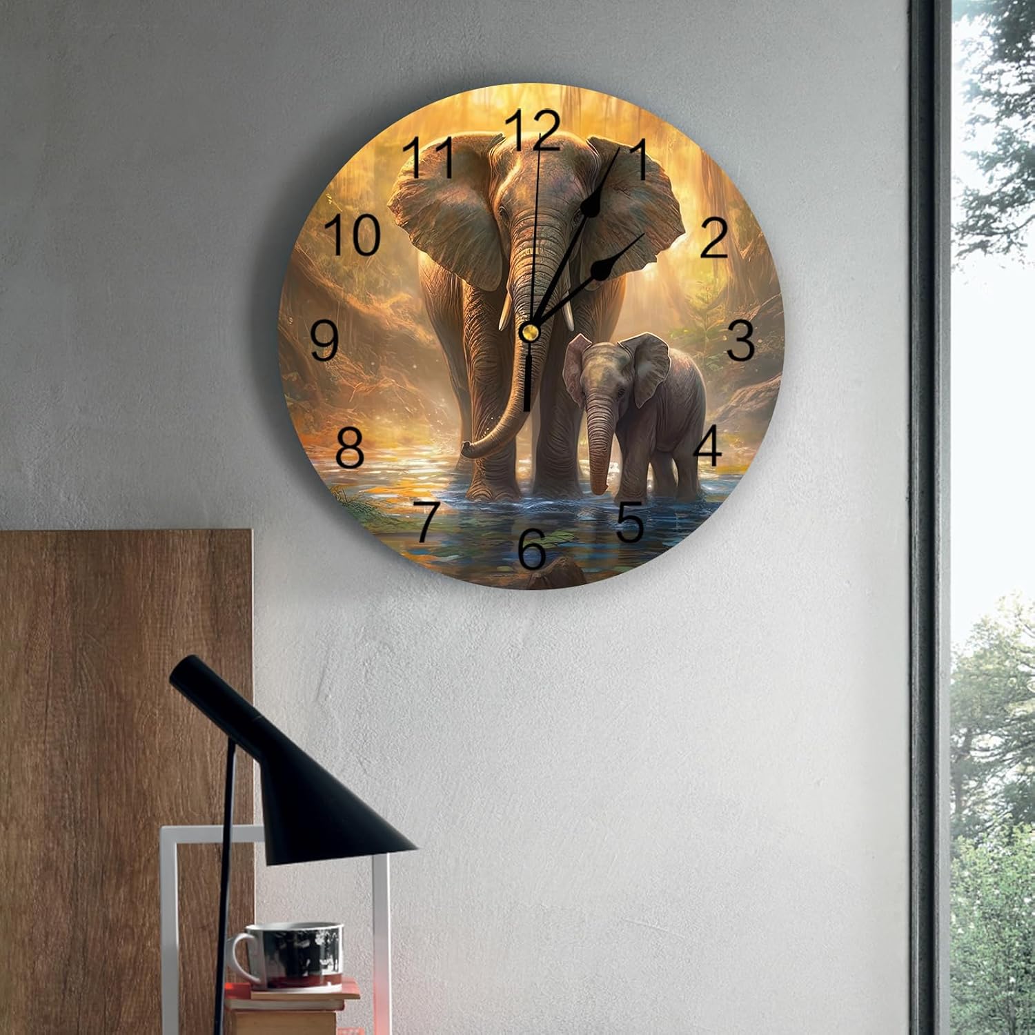 Wall Clock 14 Inch Silent Non-Ticking, Elephant Round Decorative Clock for Living Room Bedroom Kitchen School Easy to Read Battery Operated Mute Clock