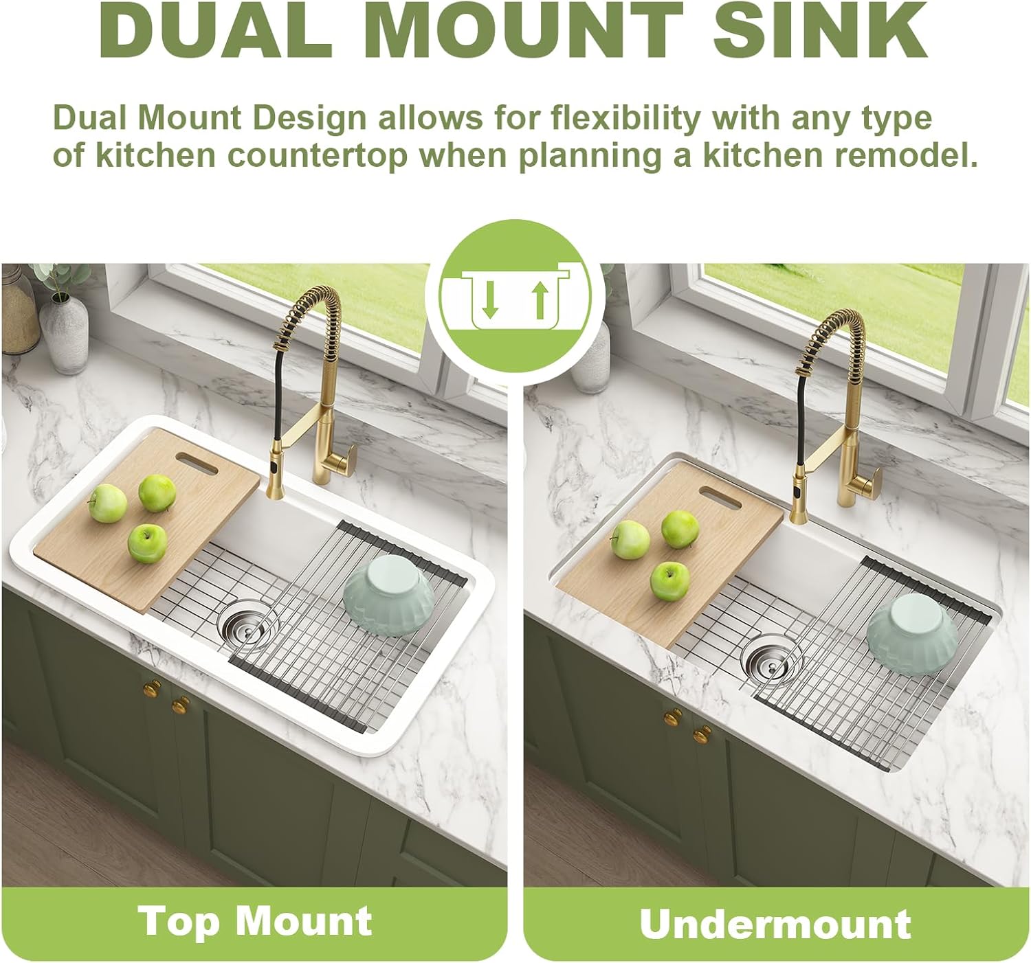 Undermount Kitchen Sink Workstation 33x19 Inch - Drop in White Farm Sink, Single Bowl Deep Fireclay Sink with 4 Accessories, for Kitchen, Island