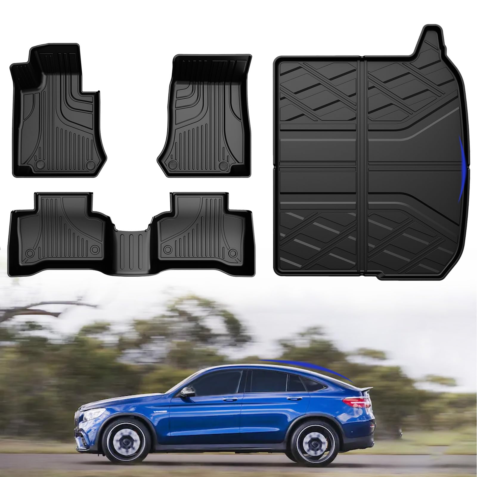 GLC Coupe Floor Mats 2016-2022, Cargo Mat Compatible with Mercedes Benz GLC Coupe Only, All Weather Custom Fit Rubber Floor Liners Trunk Mat Cargo Liner for 2016-2022 GLC300 Coupe, Black