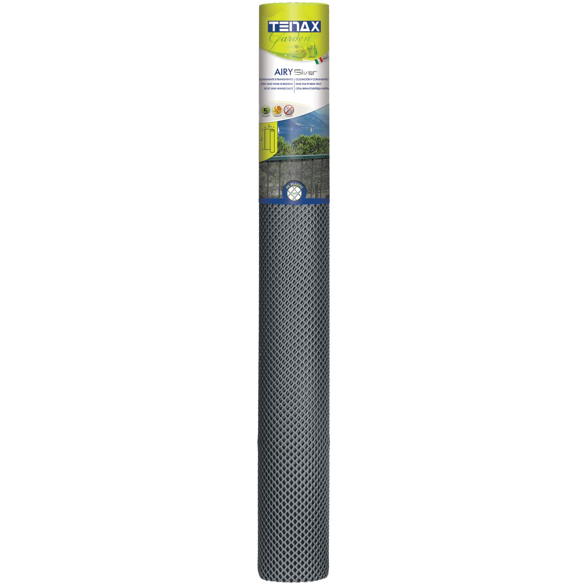 TENAX Airy siatka ochronna z tworzywa sztucznego, srebrna, 1,00 x 5 m, siatka z oczkami w kształcie rombu, ochrona przed wzrokiem i wiatrem w celu ochrony balkonów, ogrodzeń i poręczy