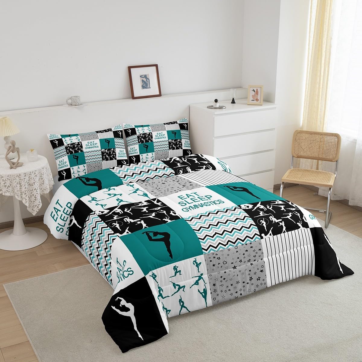 Gymnastics Comforter Set Queen Size Geometric Patchwork Plaid Bedding Set Dancing Sports Lover Quilt Set for Kids Girls Women Gymnast Room Decor Black Green Grey Stripes Duvet Insert 3Pcs