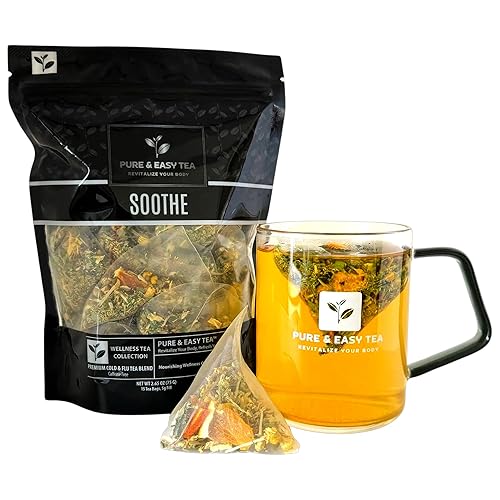 Pure And Easy Tea, Té para aliviar el resfriado y el dolor de garganta, Mezcla herbal de hoja entera con equinácea, eucalipto y jengibre, 15 bolsas