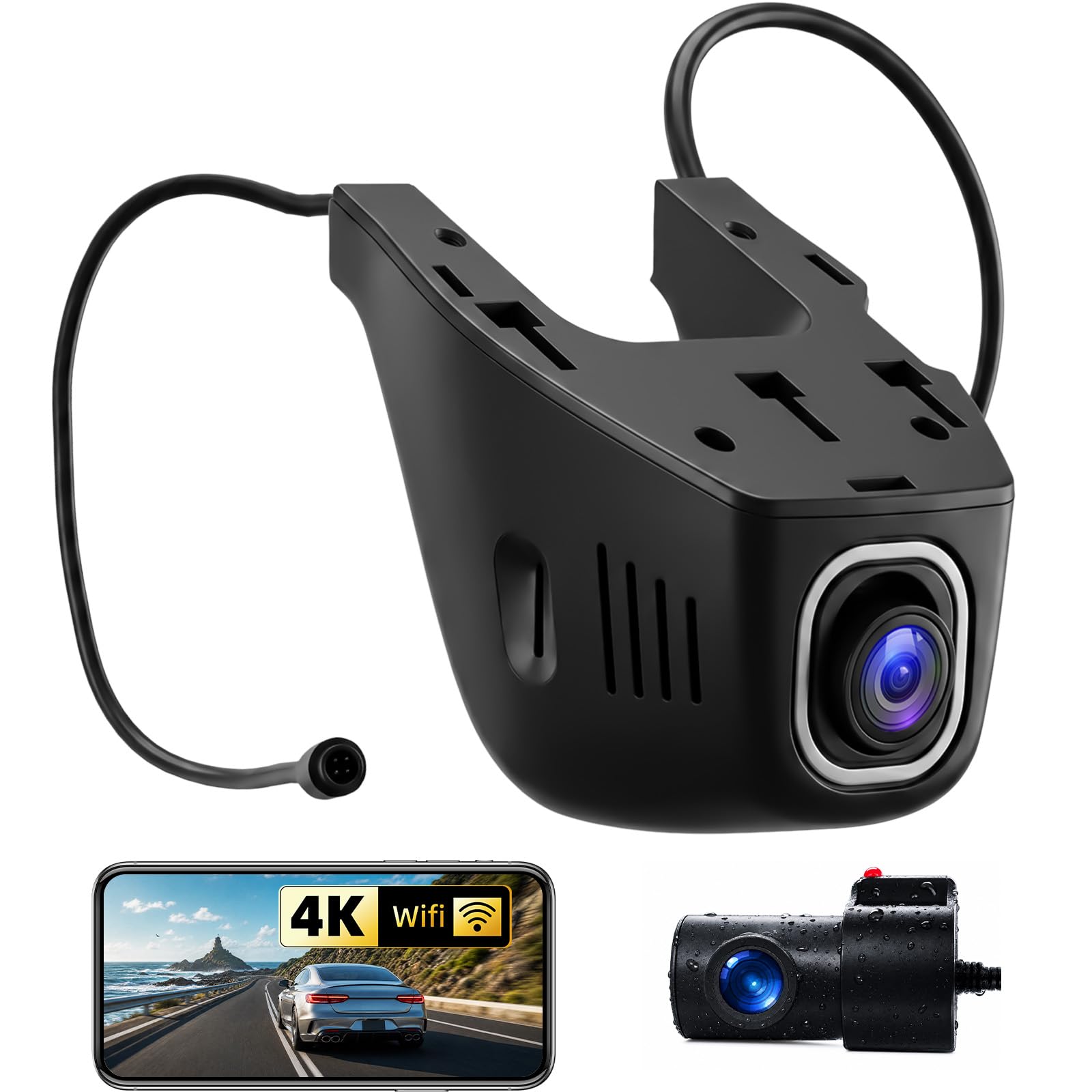 CAMECHO Dashcam 4K con telecamera posteriore per auto, 1080P, 30 fps, Wi-Fi, video con sensore G, registrazione in loop, accessori OEM