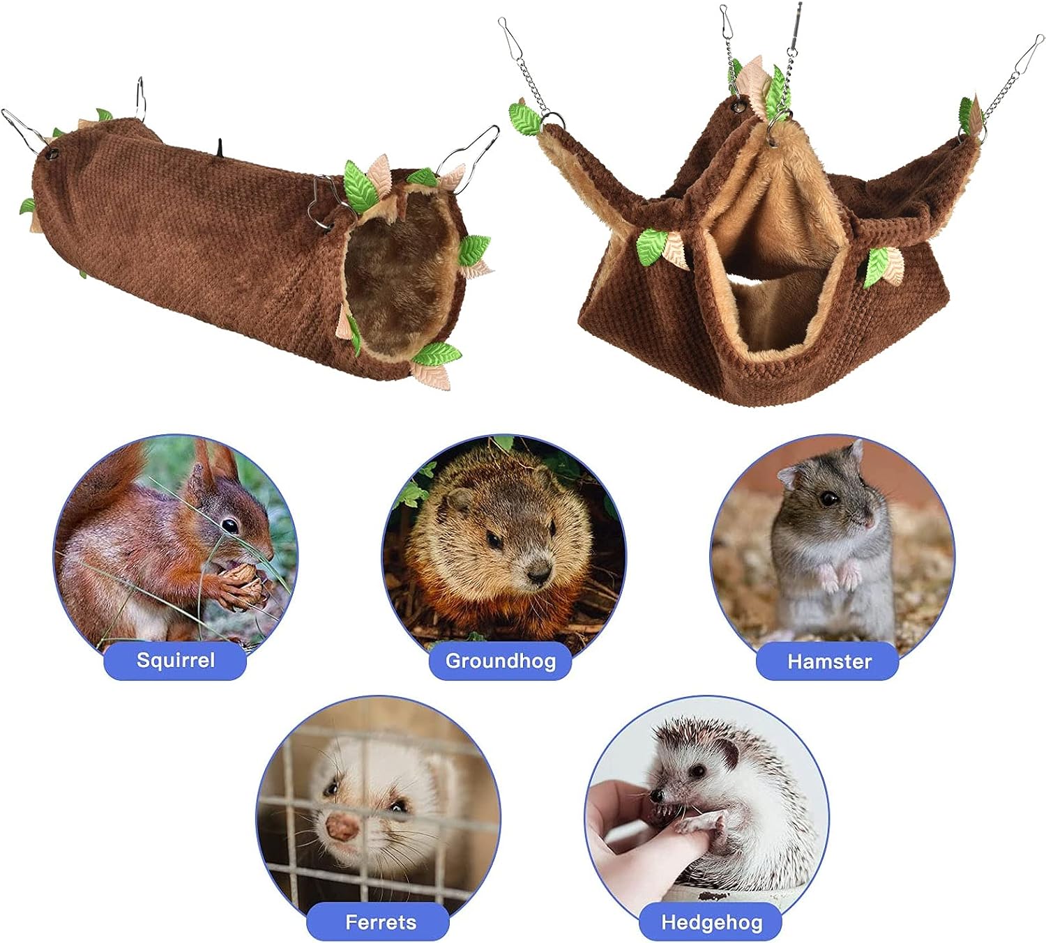 Petmolico 2 Pack Small Animal Hammocks, Warm Plush Hanging Tunnel & Double Tier Bunkbed Hammock Cage for Ferret Guinea Pig Chinchilla Squirrel Rat Hamster Hideout Sleeping Swing Hammock, Brown
