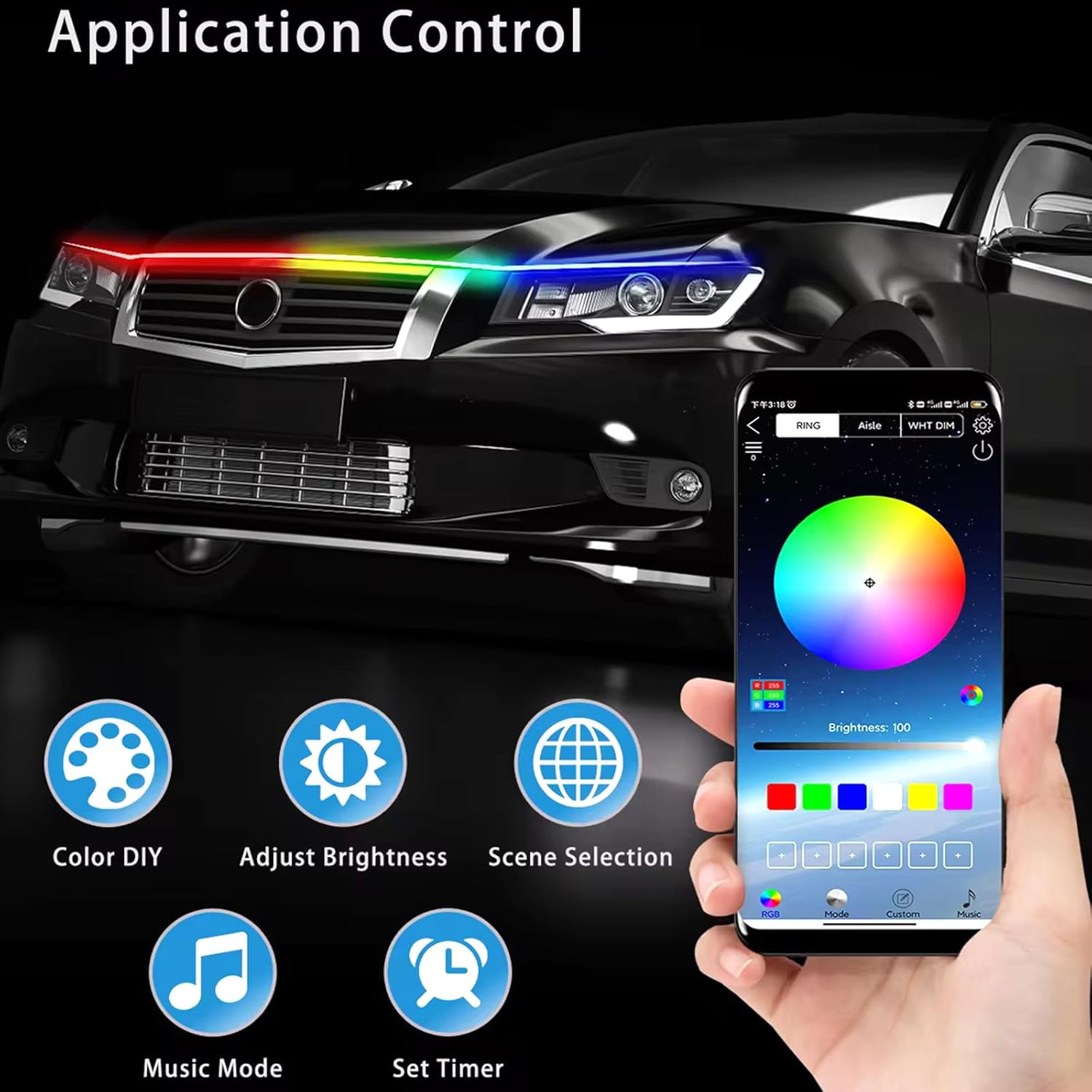 Car LED Hood Light Strip, 70 Inch 12V RGB APP Control Flexible Waterproof Daytime Running Lights with Turn Signal, Universal Bonnet Gap Glow Decoration Accessories for Cars, SUVs, Trucks