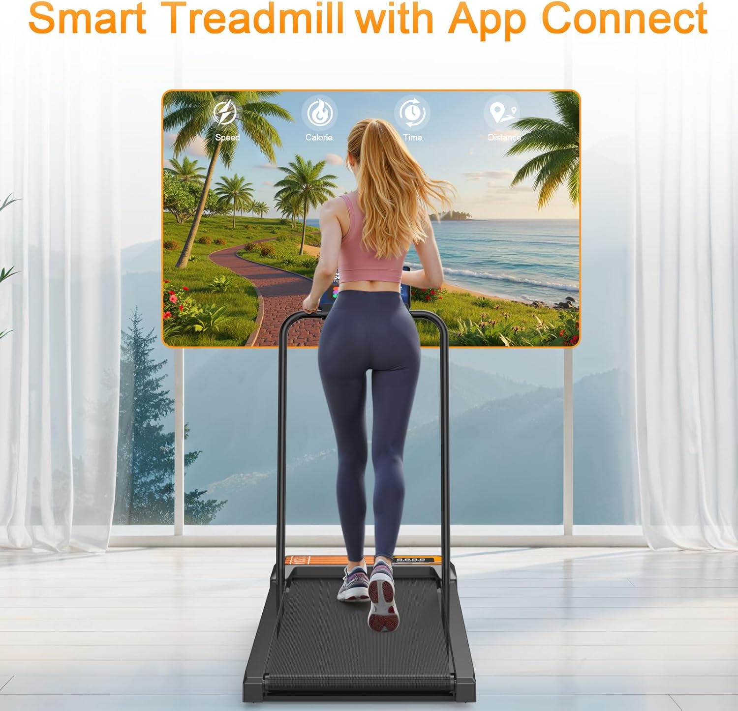 HOELLL Treadmills for Home Small with 0%-8% Incline and APP Sync, Compact Under Desk Walking Treadmill Pad with Handle Bar Removable, Remote Control and LED Display, 2.5HP Orange