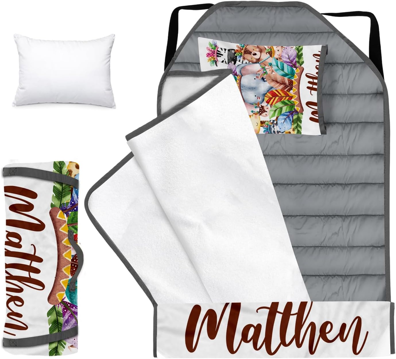 Custom Toddler Nap Mat for Preschool, Personalized Name Animal Tribe Theme Sleeping Mats for Daycare, Kids Cot Nap Mat with Pillow and Blanket, Roll Up Slumber Bags for Boys Girls