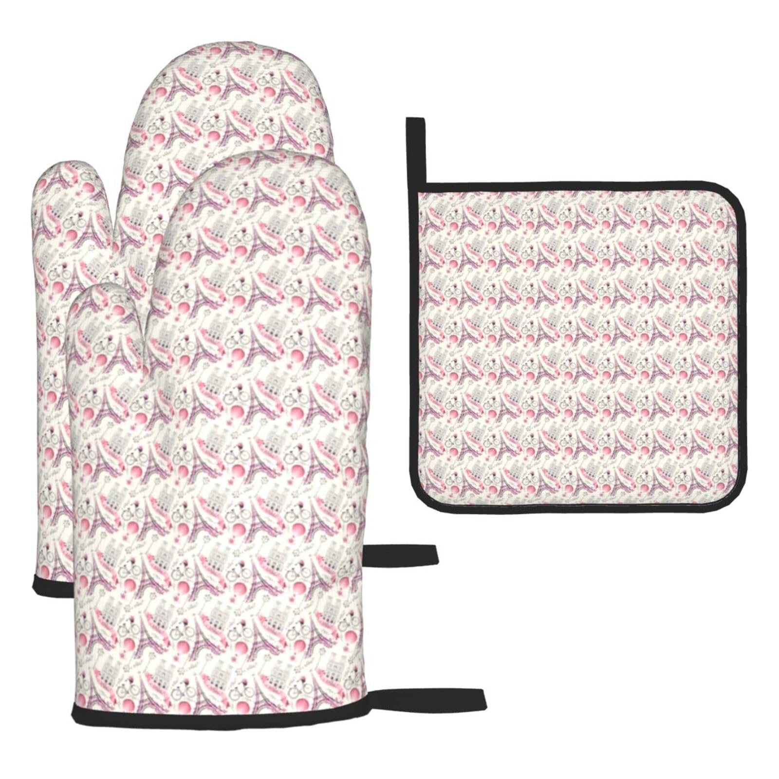 The Paris Tower And A Bicycle Print Oven Mitts Kitchen Gloves Set Everyday Baking Grilling Microwaving Cooking Gift