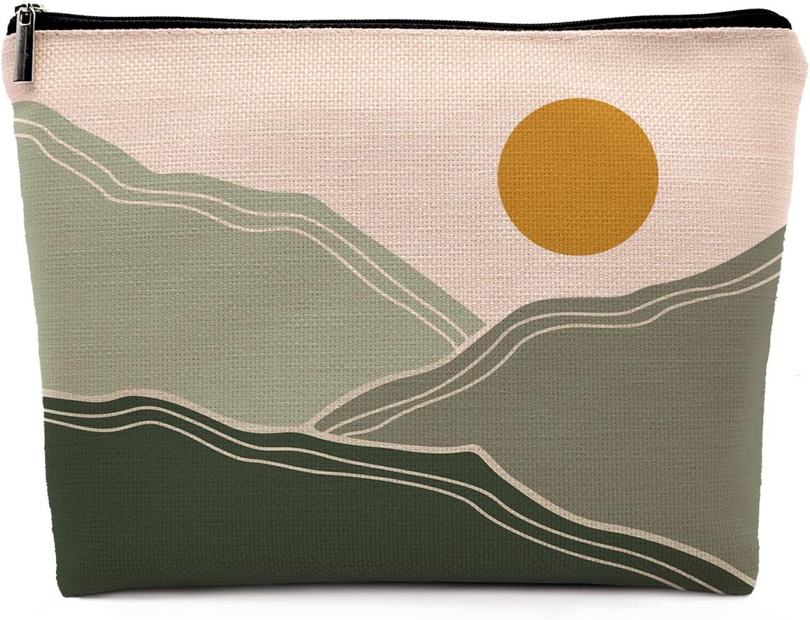 Abstract Boho Green Mountains Sun Cosmetic Bag, Bohemia Mid Century Modern Makeup Bag Zipper Cosmetic Pouch Bag Travel Linen Makeup Organizer, Boho Gifts for Women Her Teen Girls Teens