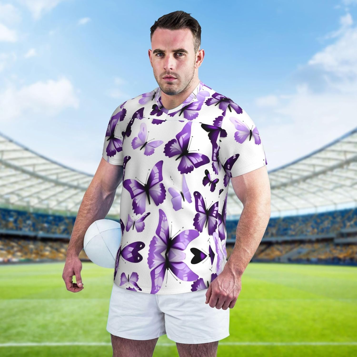 White Purple Butterflies Rugby Football Jersey for Men, Comfortable V-Neck Loose Fit Top for Team Sports Athletics