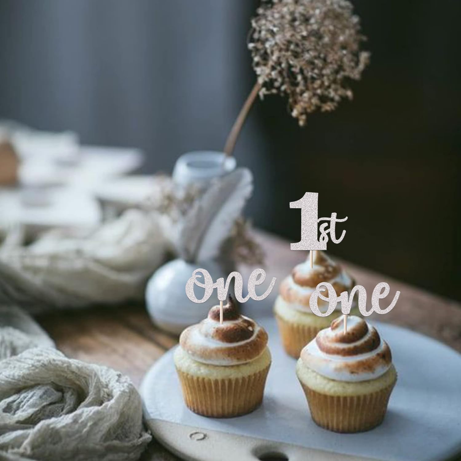 Rsstarxi 24 Pack One Cupcake Toppers Glitter 1st Birthday Cupcake Picks for Baby Shower First Birthday Party Cake Decorations Supplies Silver - Image 4