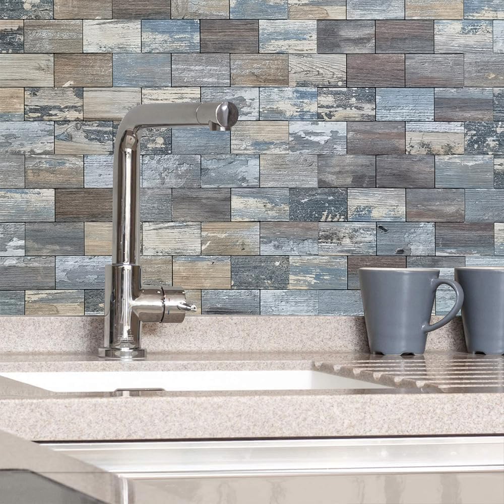 DICOFUN Distressed Wood Peel and Stick Backsplash Wall Tiles, 12"x12" Thick PVC Subway Tile for Kitchen Backsplash, 10 Sheets