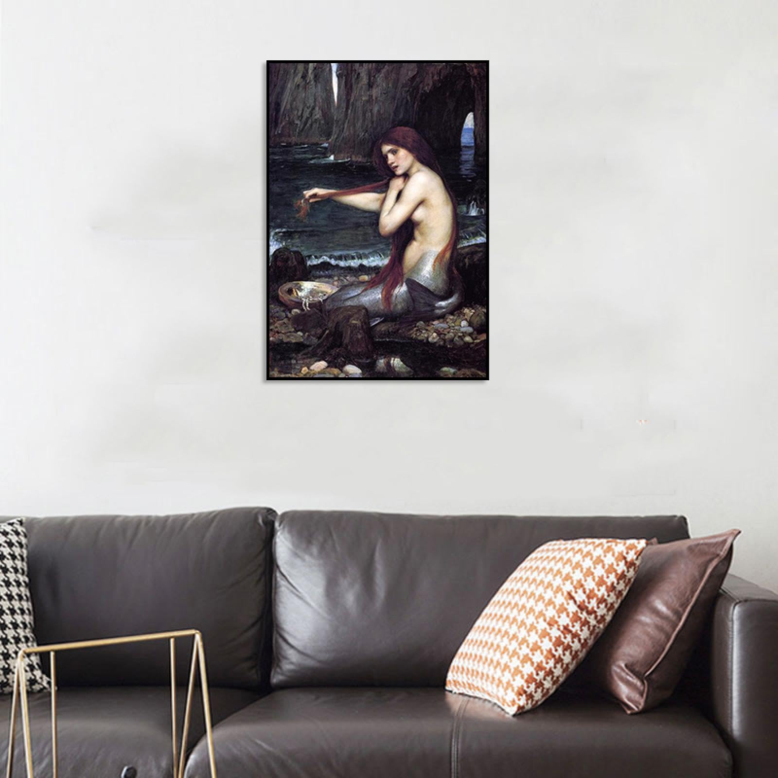 Phyrek123 Una sirena de John William Waterhouse giclée impresión sobre lienzo Cuadros famosas carteles arte de pared de lienzo para dormitorio 30x45cm Enmarcado negro