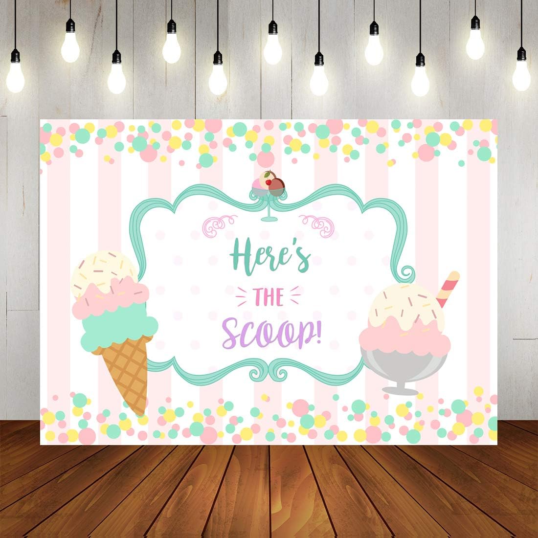 Ice Cream Theme Backdrop Little Girl's Birthday Background Here's The Scoop Party Decorations Banner Pink and White Stripes Teal Mint Aqua Dots Photo Booth Props Cake Table Supplies 7x5ft