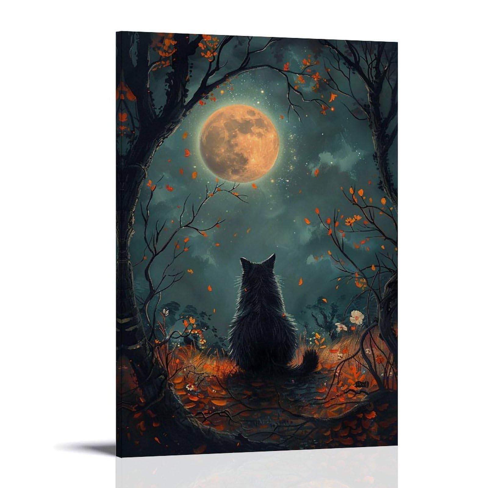 HUERYRYHY Black Cat Under Orange Full Moon 01 Poster Wall Art Canvas Vintage Aesthetic Painting Decor for Rooms 24x36inch Frame-style