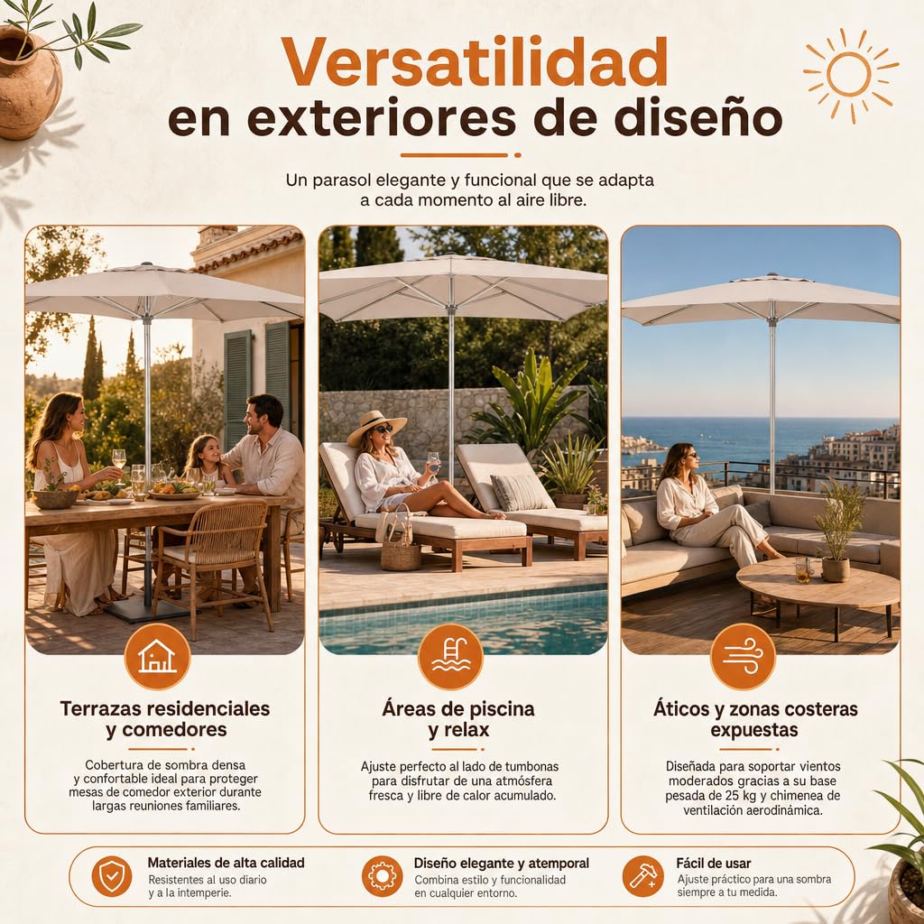 Parasol de Jardín, Sombrilla Cuadrada de Terraza con Protección UV50+ Estilo Minimalista, 3x3 m Beige