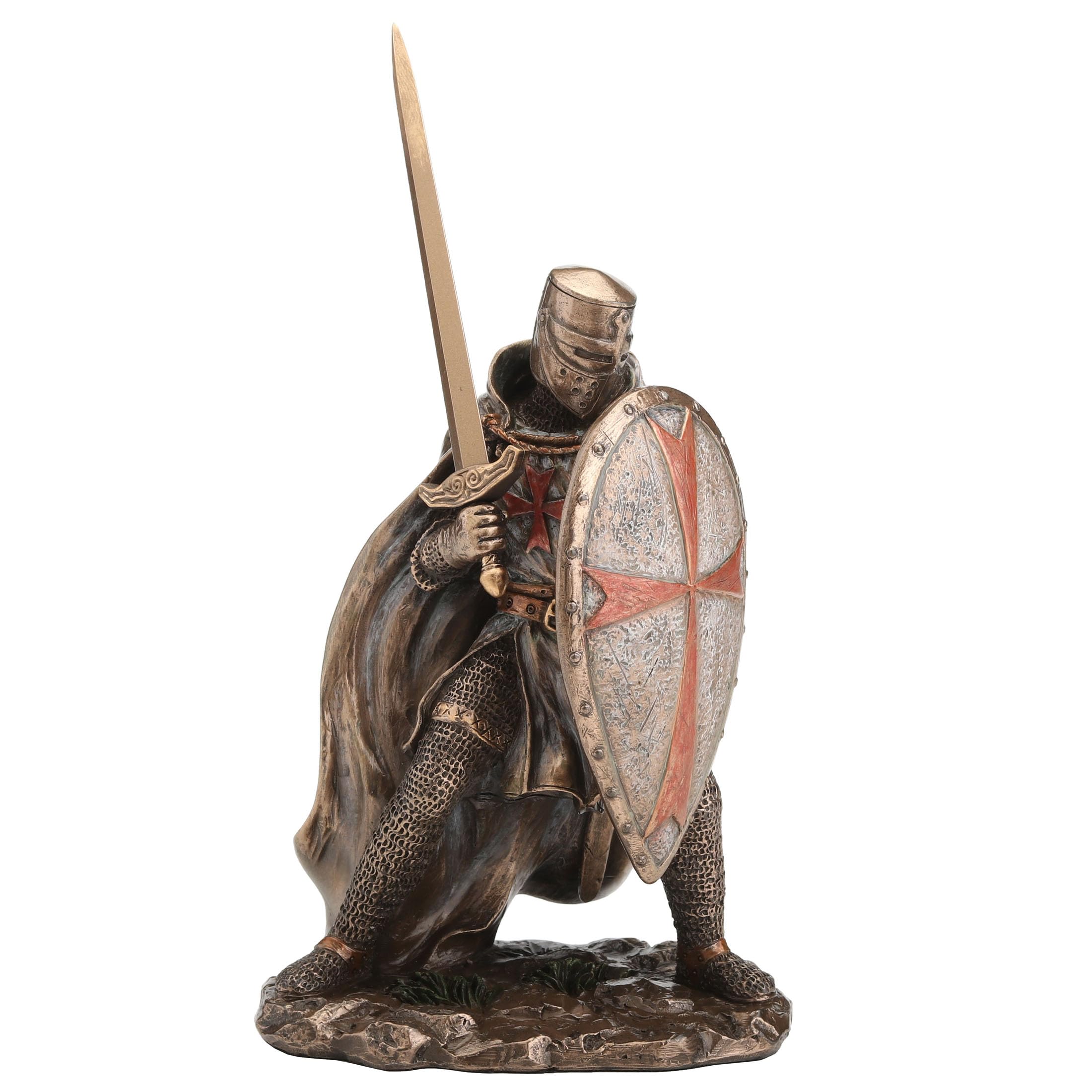 Veronese Design 7 7/8 Inch Knights Templar Crusader Wielding Sword and Shield Cold Cast Resin Bronze Finish Sculpture