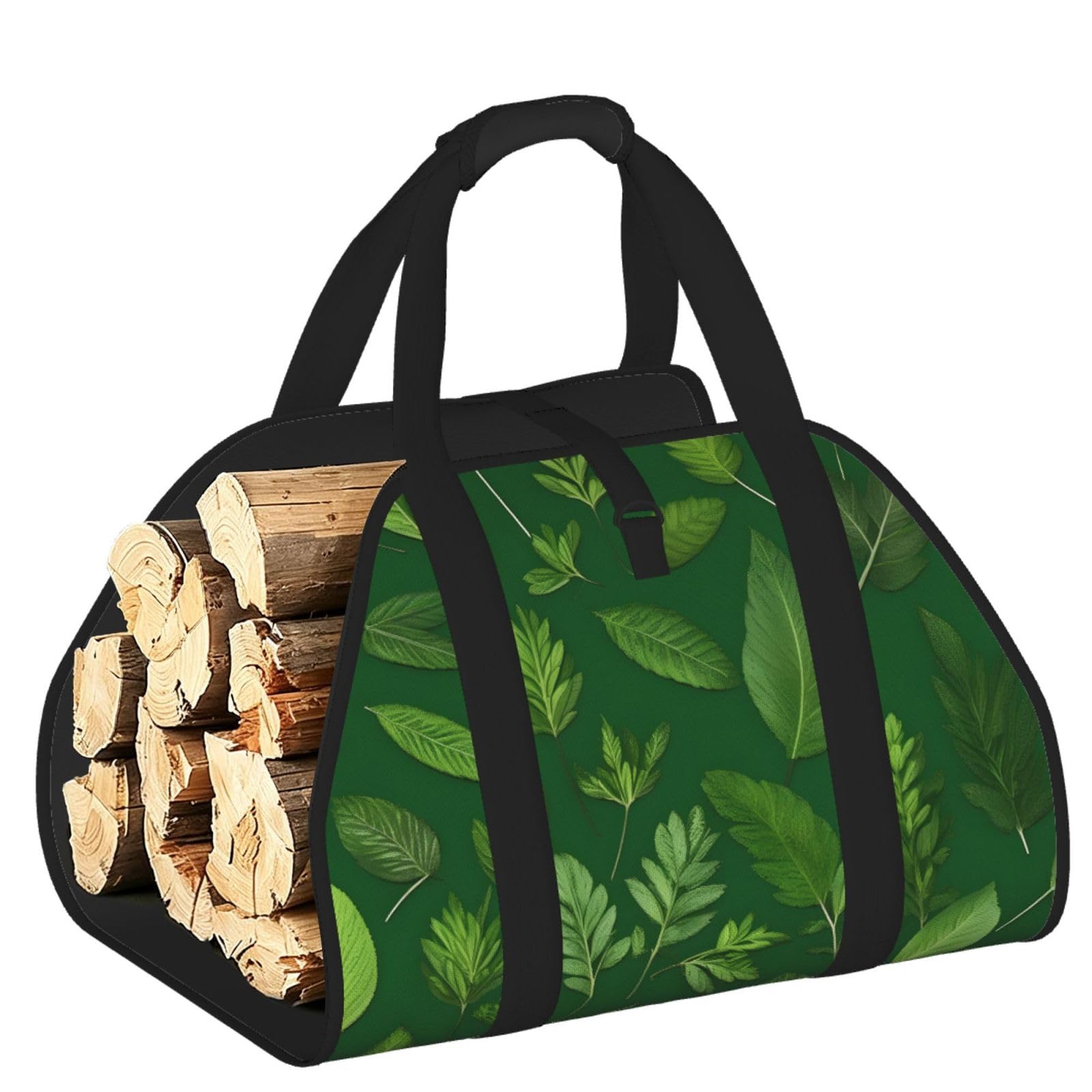 Ayyqwe Black Herb Plant Leaves Print Firewood Bag Wood Waterproof Versatile Camping Picnic Storage Daily Home