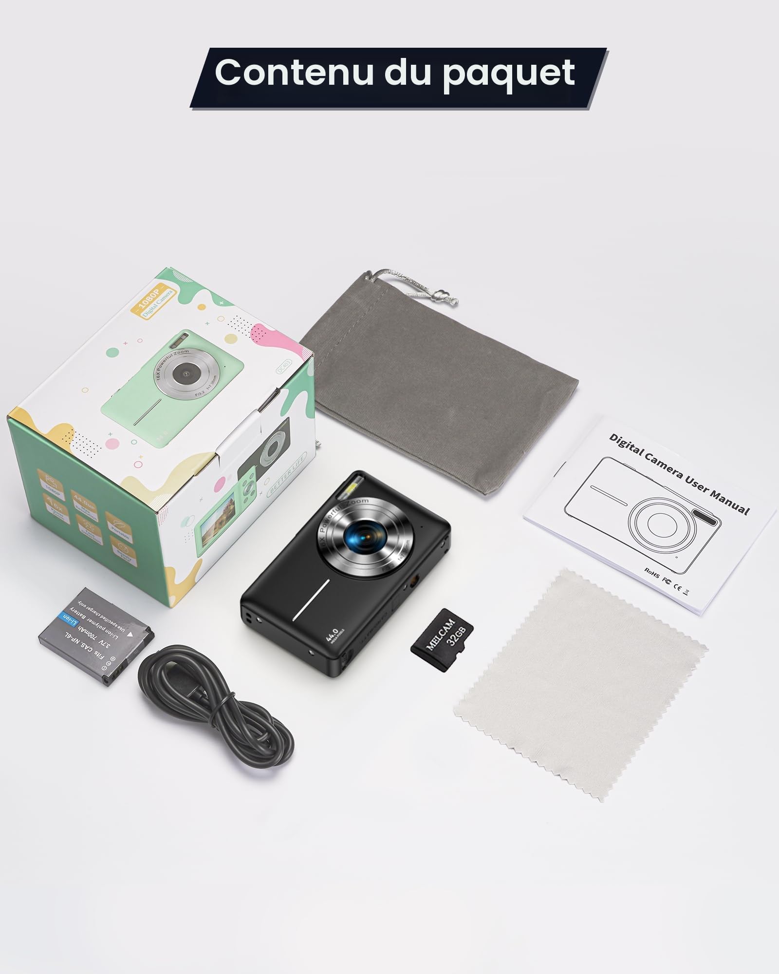 Appareil Photo Numérique 1080P Appareil Photo 44 MP Appareil Photo Compact Portable avec Écran LCD 2,4", Zoom Numérique 16X, Carte Mémoire Micro 32 G, 1 Batterie pour Adolescents, Étudiants-Noir