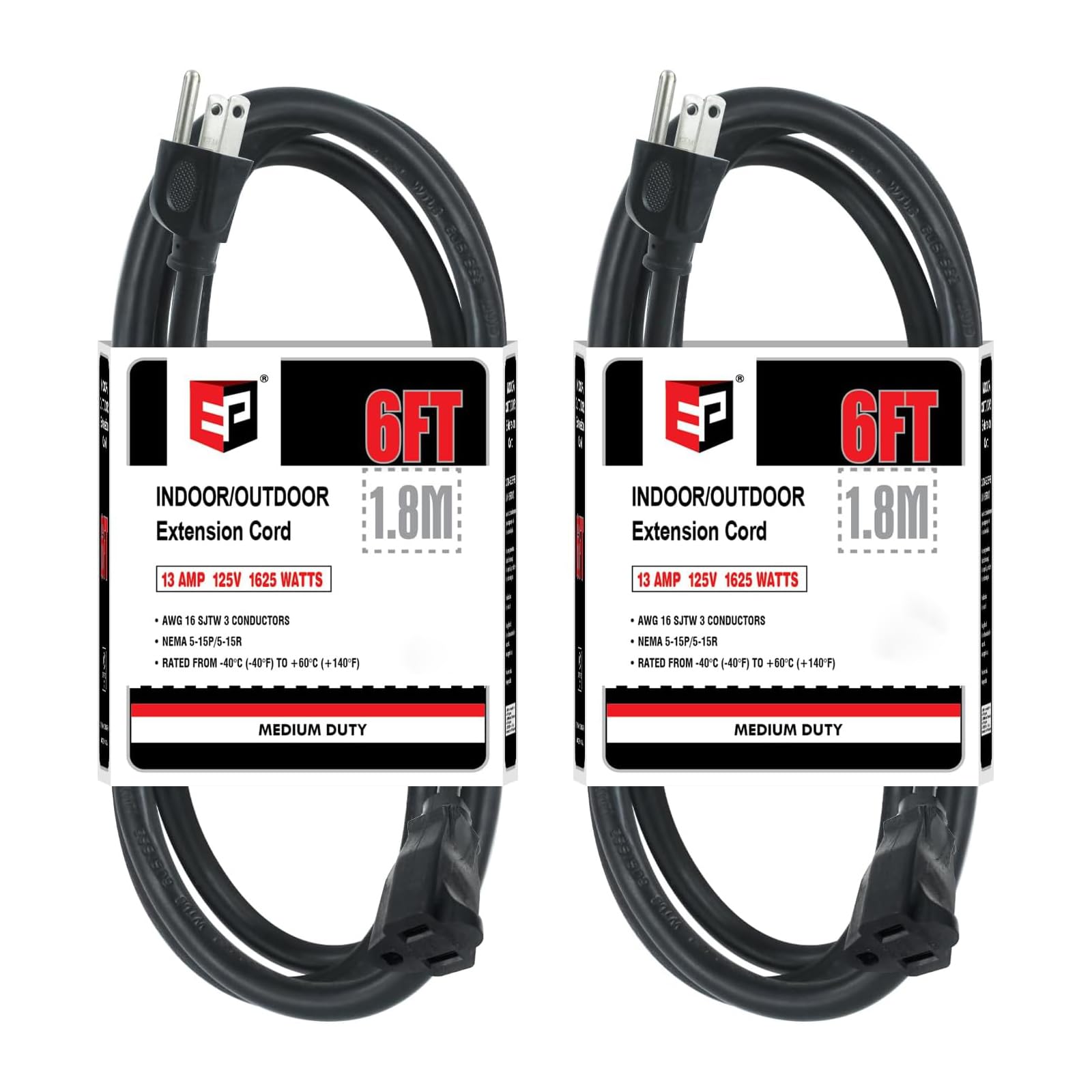 EP 6 FT Outdoor Extension Cord, 16/3 SJTW Heavy Duty Black 2PK, ETL Listed