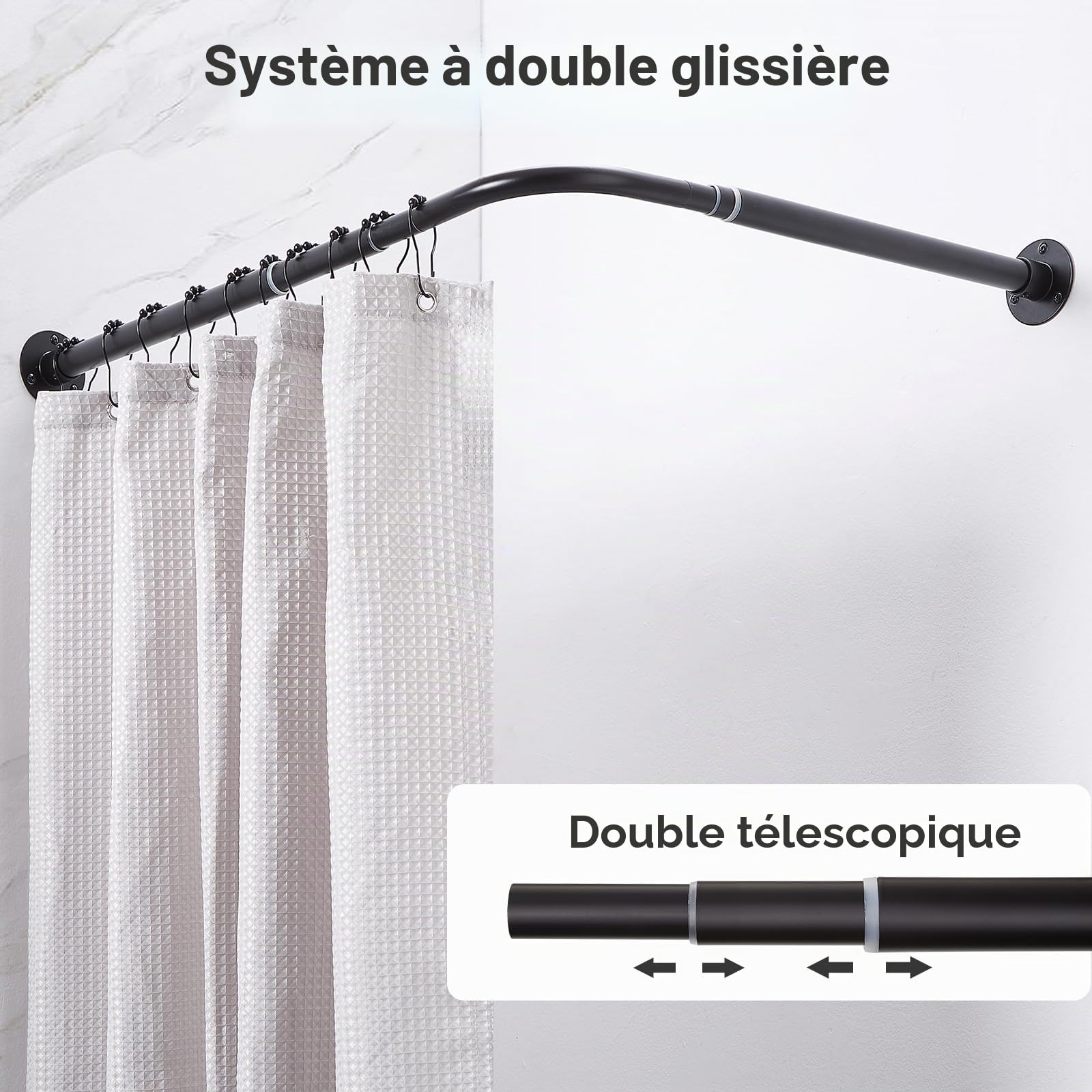Barre de Douche d'Angle en L Réglable [62-121 cm] x [62-121 cm], avec 12 Crochets et Support de Plafond pour Baignoire ou Salle de Bain - Noir Mat