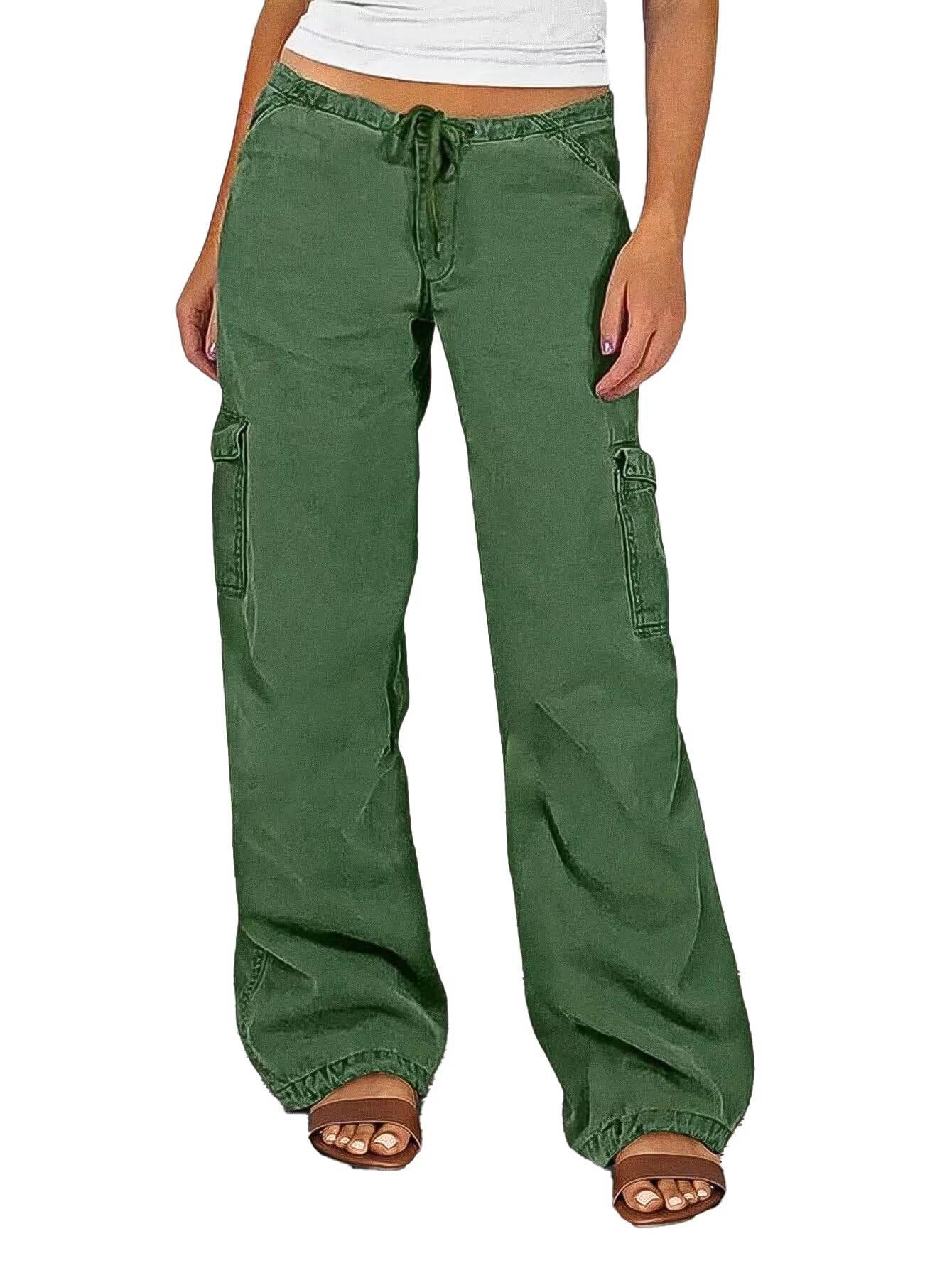 Flamingals Straight Leg Pants for Women Mid Rise Casual Drawstring Side Flap Pockets Solid Pants