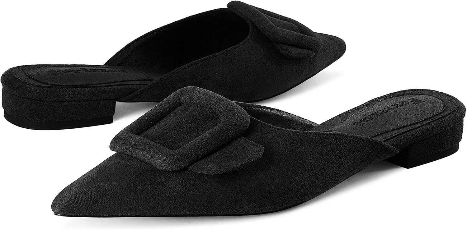 Fericzot Mule Slippers for Women,Slingback Buckle Flat Pointed Toe Backless Mule Slides Suede Slip On Loafers - Image 4